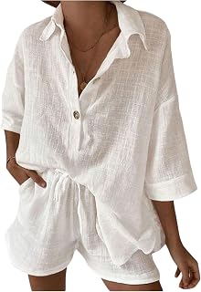 Women's 2 Piece Summer Outfits Linen Half Sleeve Collared Shirt and Wide Leg Shorts Beach Sets