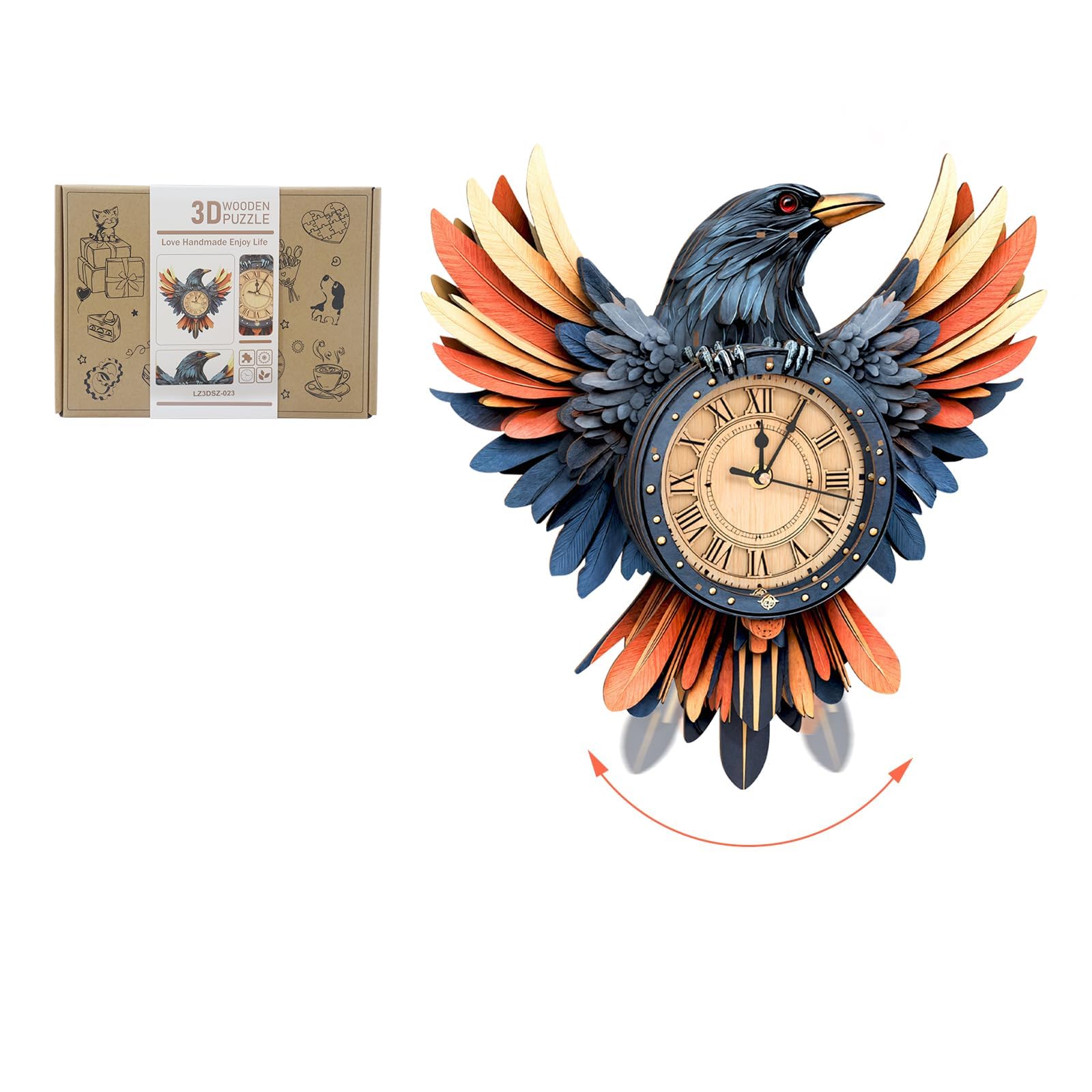 Lilcubics 3D Wooden Halloween Decorations Crow Clock Puzzle for Adults - Mechanical Model Building Kit with Pendulum & Chime, DIY Wall Clock for Home Office Christmas Decor