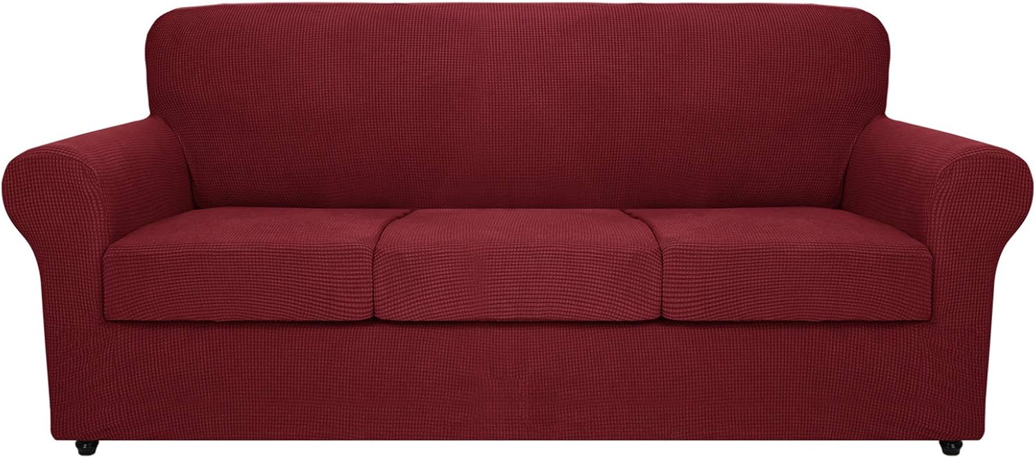MAXIJIN 4 Piece Couch Covers for 3 Cushion Couch Super Stretch Sofa Cover for Dogs Pet Proof Fitted Furniture Protector Spandex Jacquard Non Slip Magic Couch Slipcover Washable (Extra Large, Wine Red)