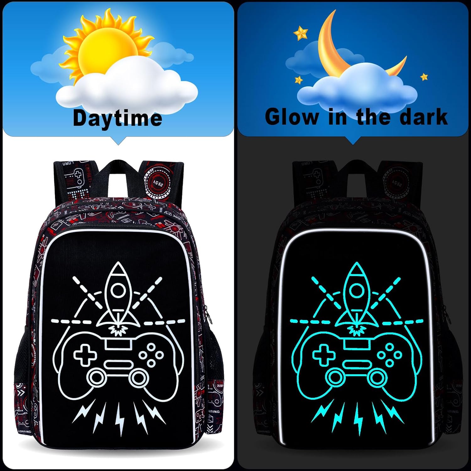 KLFVB 3PCS Kids Backpack, Luminous School Backpacks with Lunch Box, 17" Water Resistant Boys Camo Bookbag for Middle Elementary Teens to School Travel - Luminous Game - Image 3