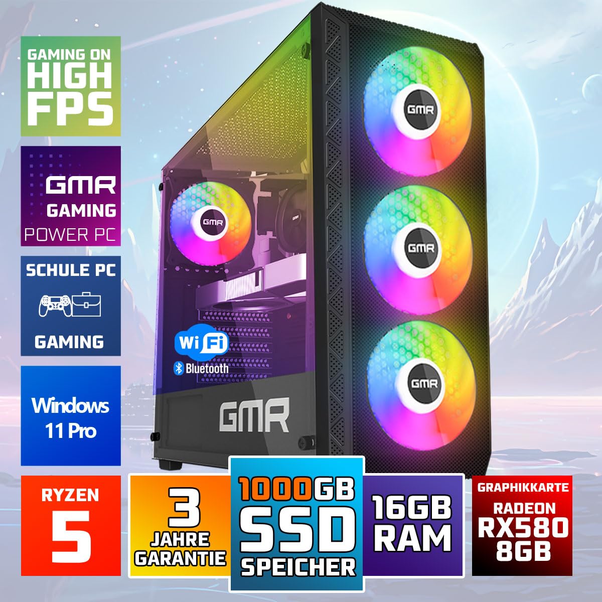 GMR AMD Ryzen 5 2600X, AMD Radeon RX 580 8 GB, 16 GB de RAM, 1000 GB SSD, A320 placa base - Potente PC Gaming para jugadores con Windows 11 Pro y fuente de alimentación de 500 W