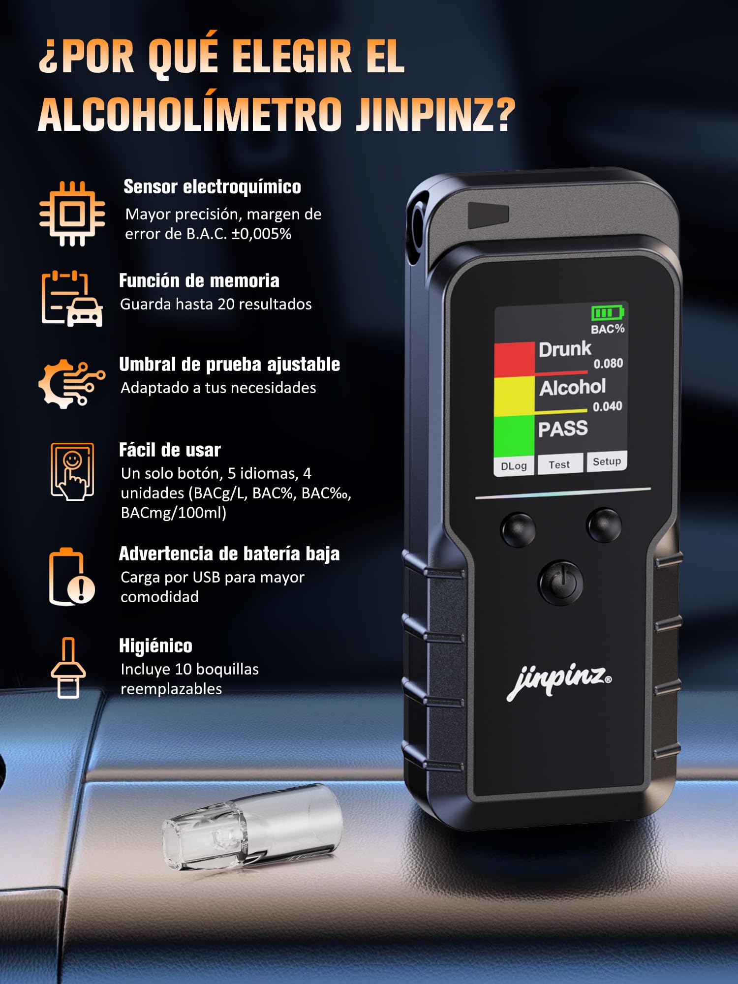 Alcoholimetro Homologado Digital Portátil Profesional: Sensor Electroquímico De Alta Precisión Alcoholemia Test – Alcohol Test Recargable Con Contador y 10 Boquillas Reutilizables Para Uso Personal
