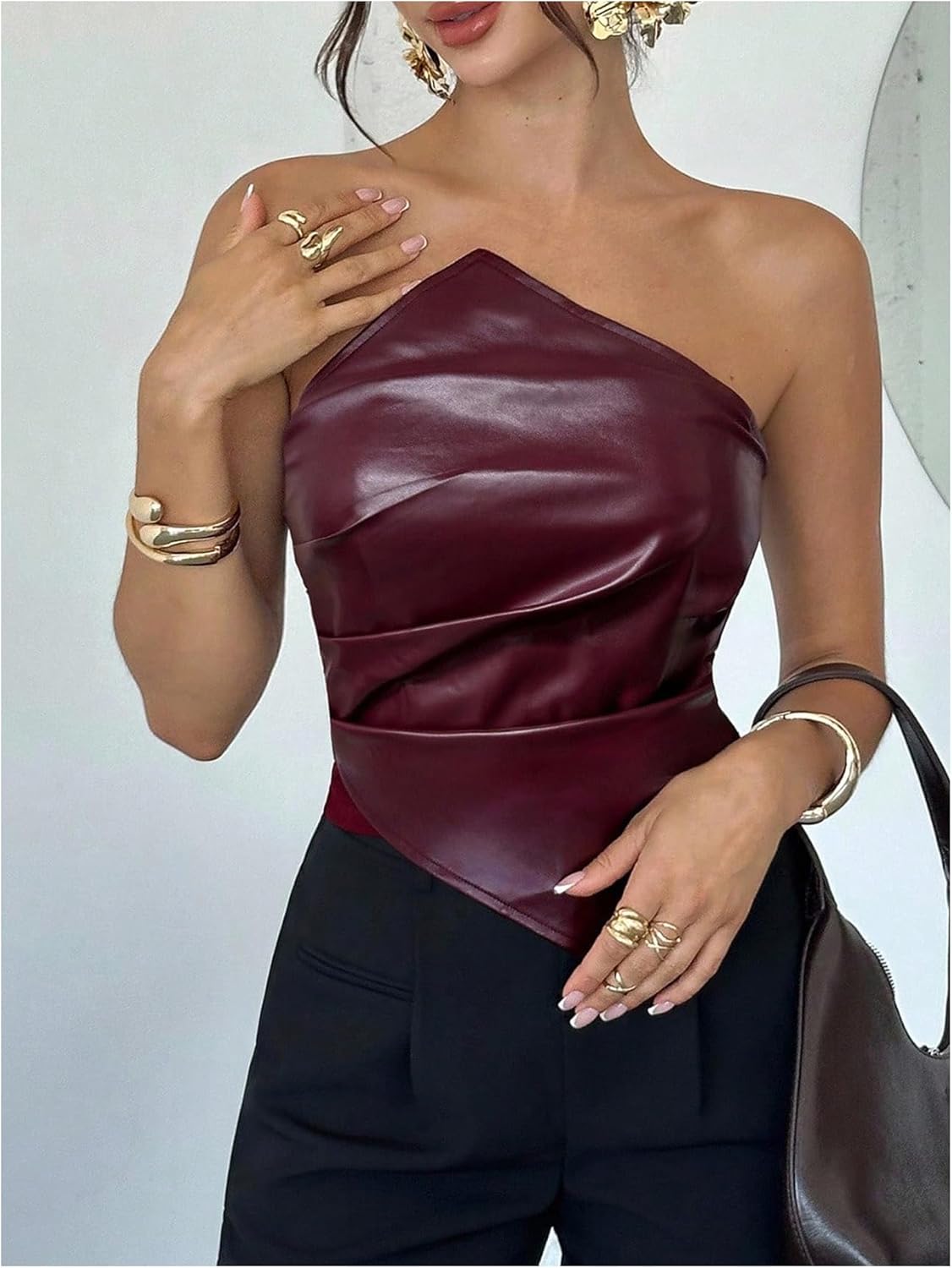 Floerns Women's Y2k Leather Strapless Tube Top Ruched Hanky Hem Going Out Sleeveless Tops - Image 2