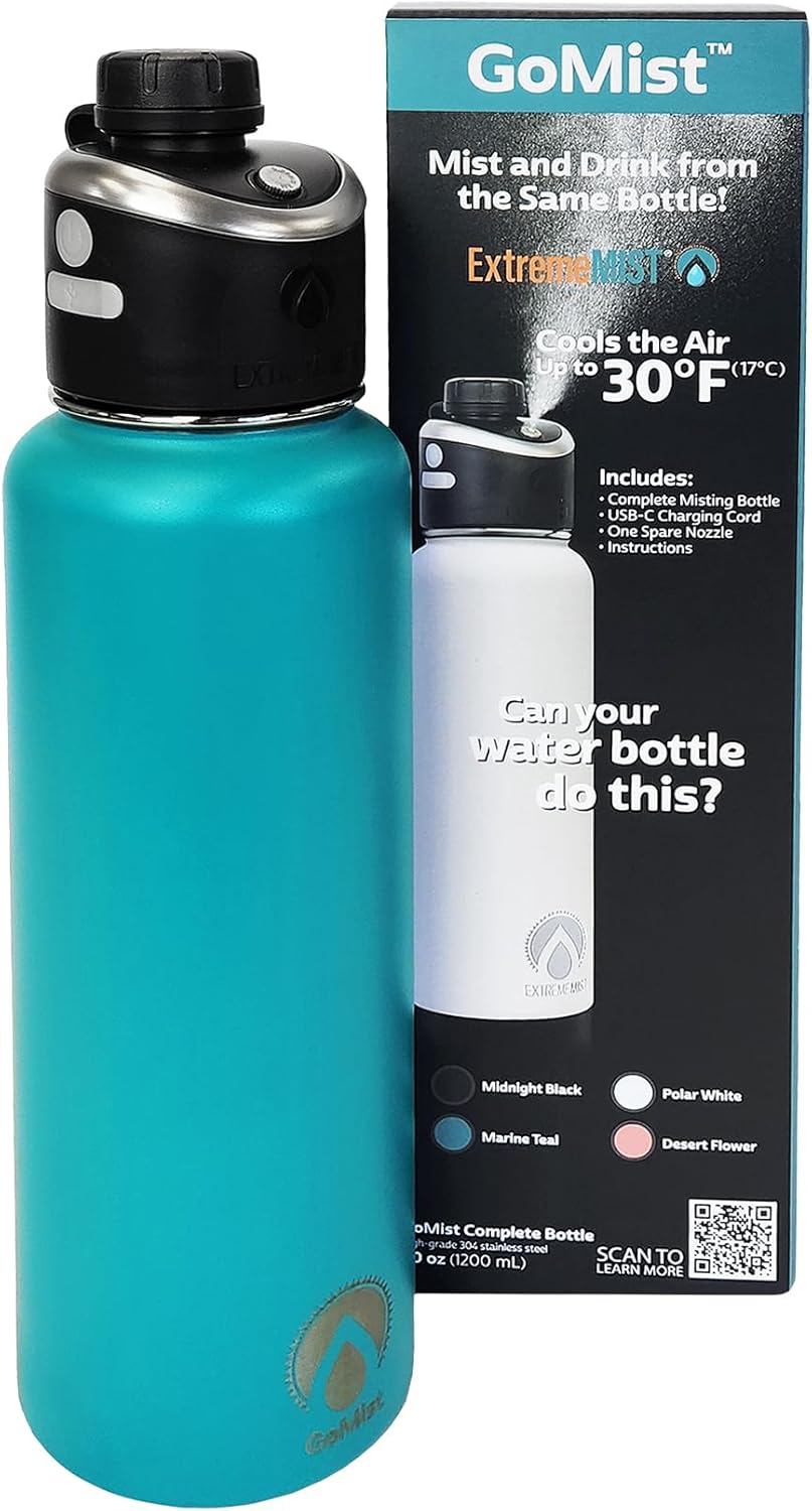 GoMist Misting & Drinking Bottle | Rechargeable Mist & Sip Water Bottle | Quick Charge USB-C Port | 2-Speed Mist Function | Stainless-Steel Double Wall Insulation, 40 oz (Marine Teal)