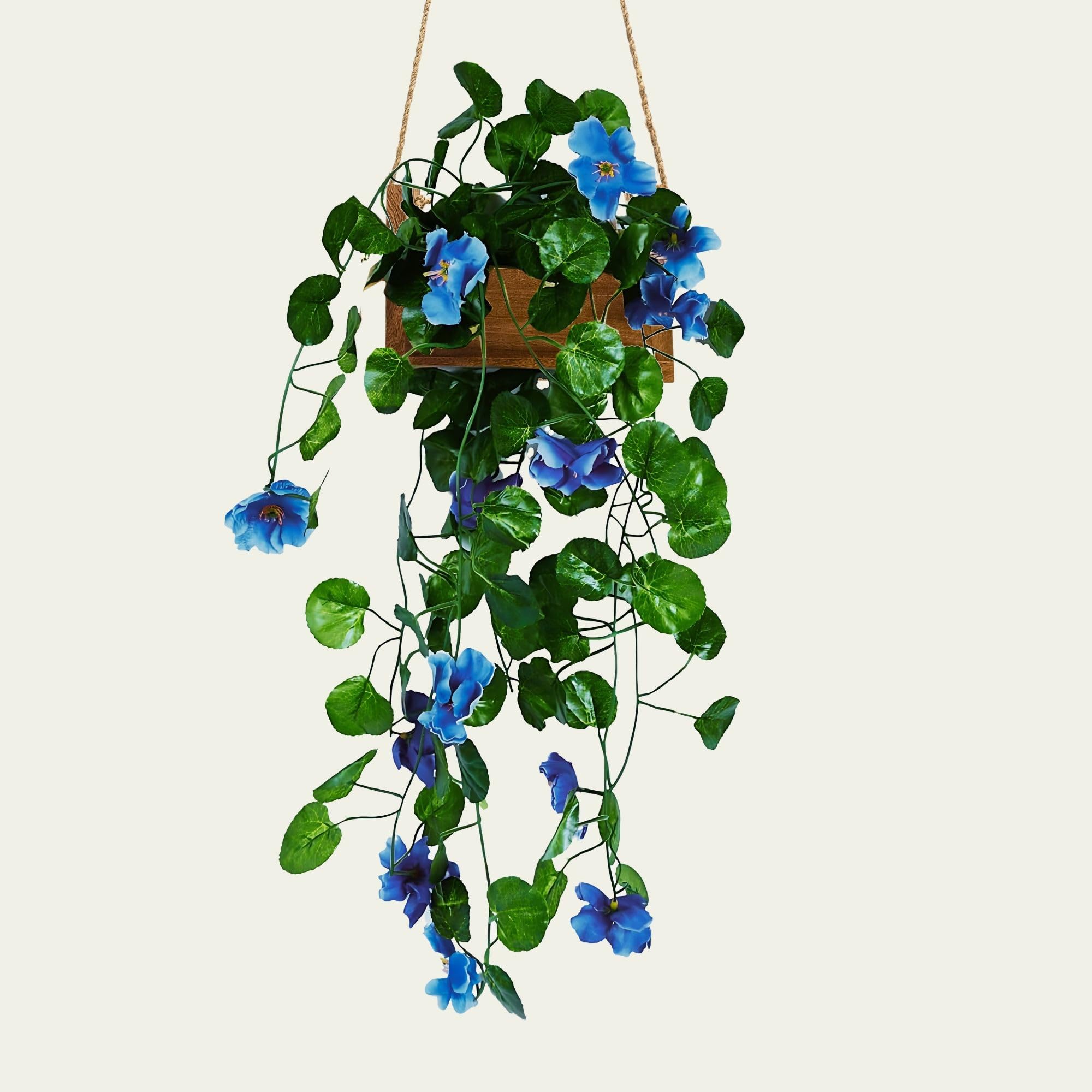 DecoreBugs Plastic Presents: Artificial Flowers With Wooden Pot, Hanging Plants, Leaves, And Creepers For Living Room Decoration, Home Decor And Beautify Your Wall (Blue)(Height 40 Cm)