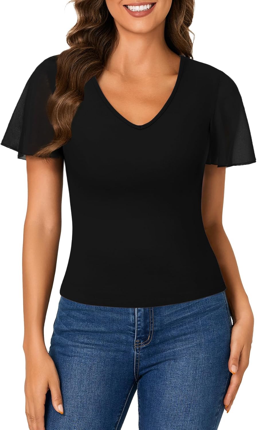 Rooscier Womens Tight Fitted Blouses V Neck Short Sleeve Basic Dressy Top