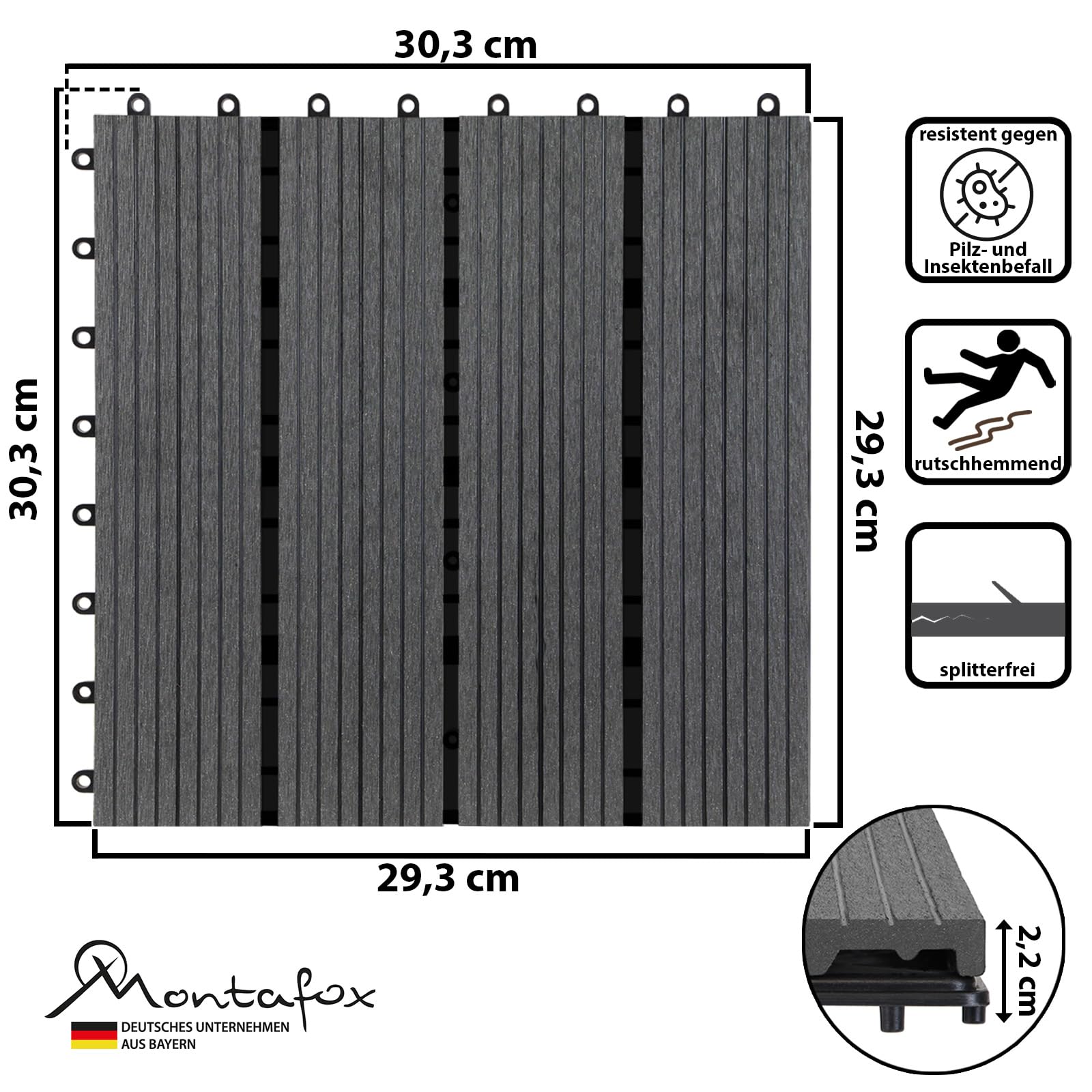 Montafox WPC Fliesen 30 x 30 cm 22 Stück / 2m² Grau Terrassenfliesen Klicksystem Fliese Holzoptik Bodenbelag Klickfliesen Terrasse Balkon, Größe (Fläche):2 m² | 22 Fliesen, Farbe:Grau