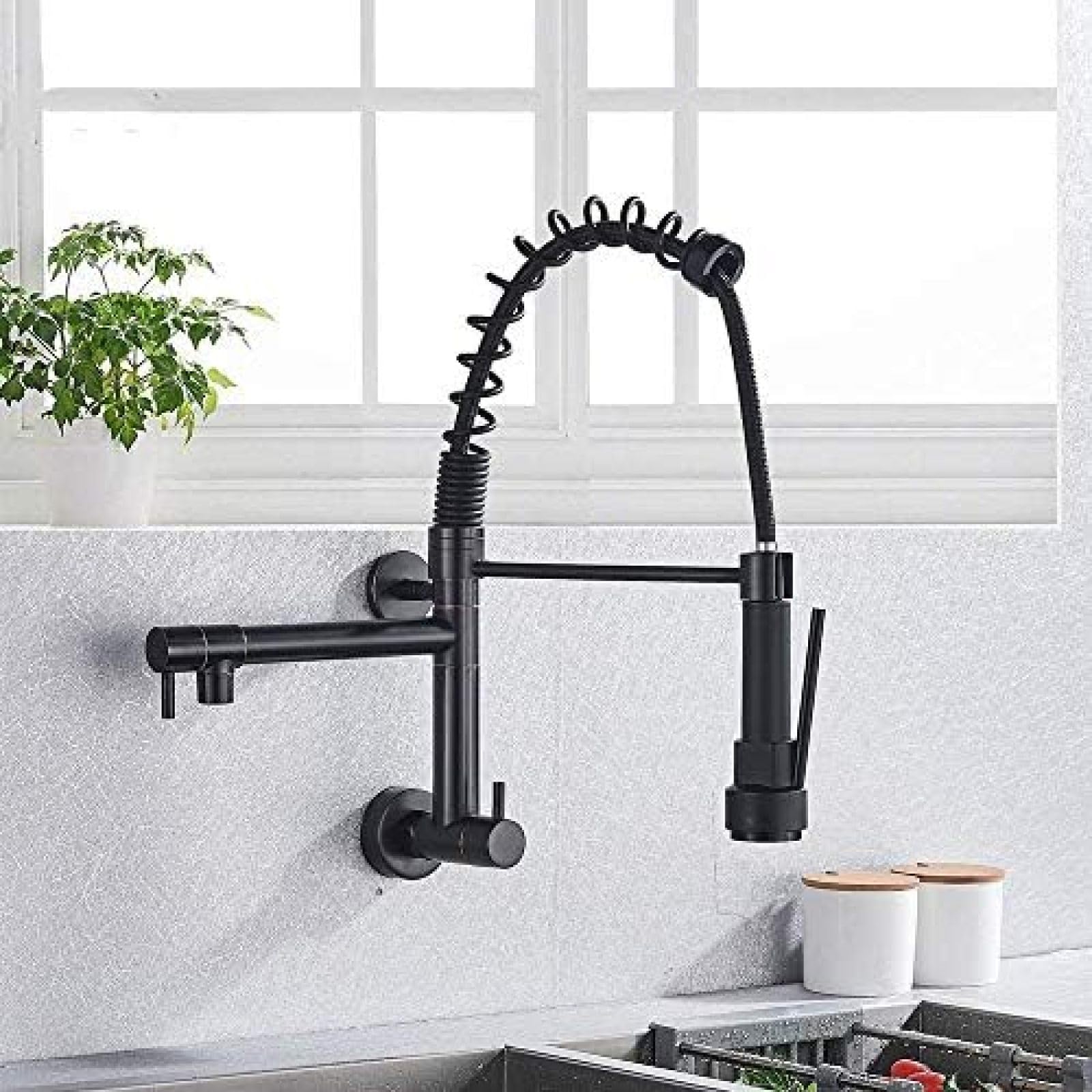 Robinet de cuisine à ressort double bec et douche à main
