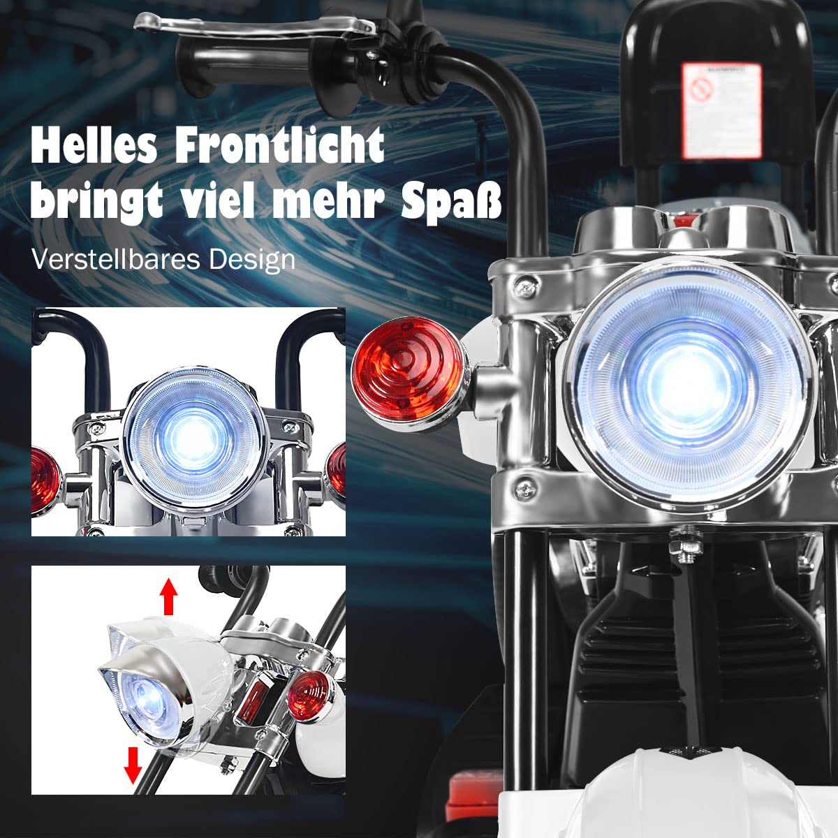 COSTWAY 6V Kinder Motorrad Elektro, Kindermotorrad mit verstellbaren Scheinwerfer & Vorwärts,-Rückwärtsfunktion, Dreirad Elektromotorrad mit Sound & Hupe, 2,5-3 km/h, für Kinder ab 3 Jahren(Weiß)