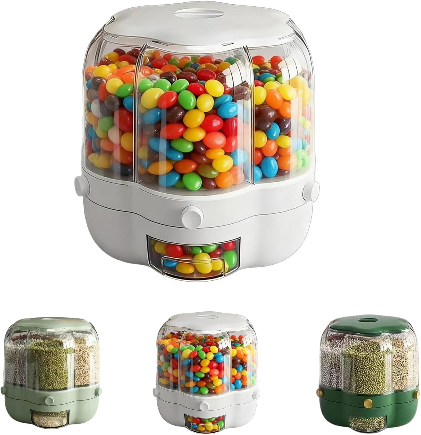 Snack Wheel Dispenser, Candy Dispenser Countertop, 360° Rotating Candy Dispenser, Multi Compartment Airtight Preservation for Kitchen Organization (White)