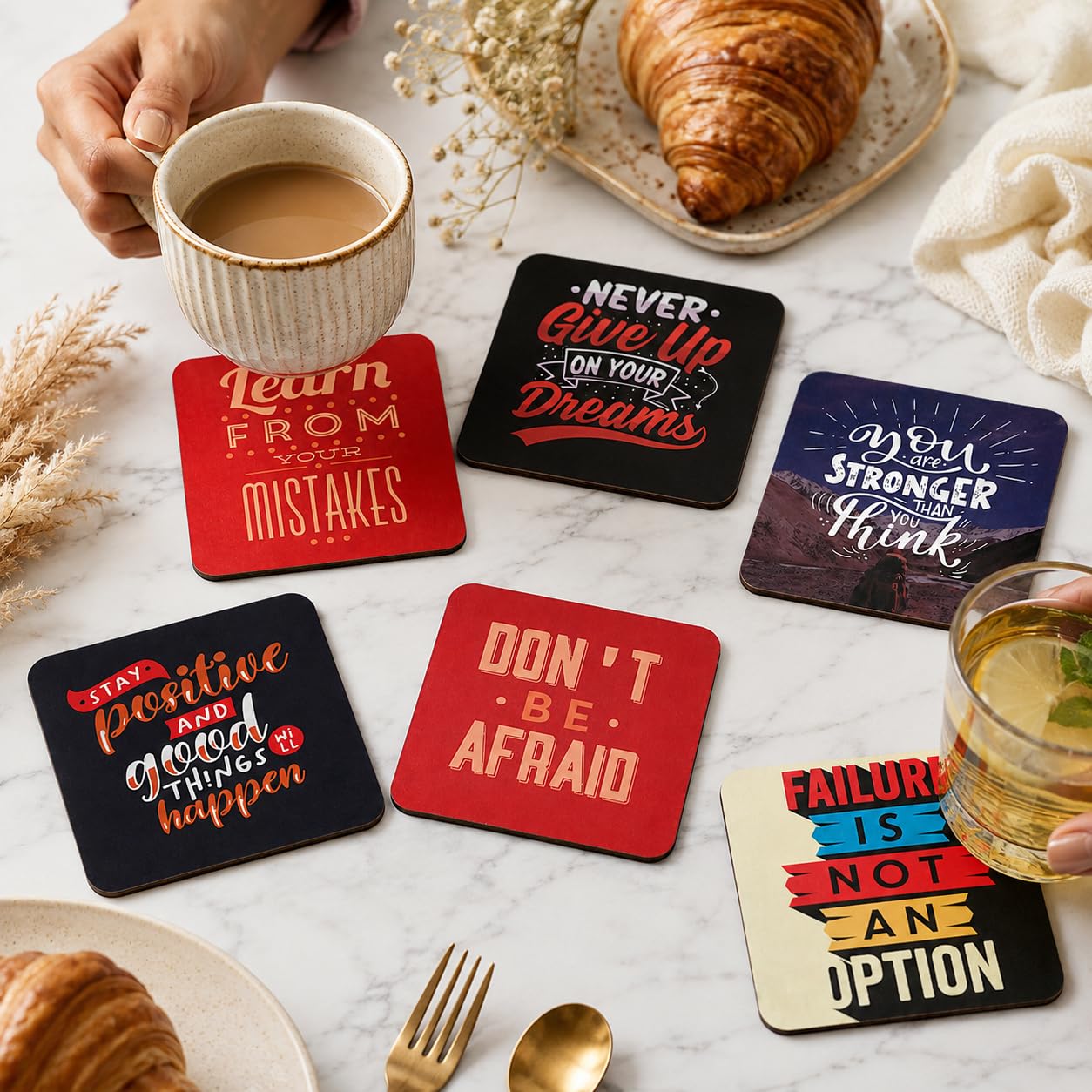 Gkd Coaster Set Of 6 Motivational Wooden Coasters With Proper Coaster Stand Designer Coaster Set Fit For Tea Cups,Coffee Mugs (Square 3.8X3.8 Inch) (Motivational Quotes)-image-46
