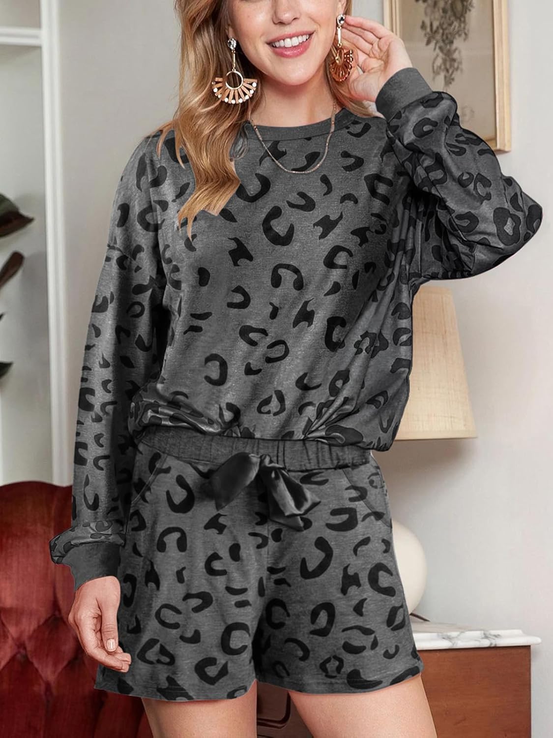 Paintcolors Womens Leopard Pajamas Set Casual Long Sleeve Shirt Top with Matching Shorts 2 Piece Lounge Wear