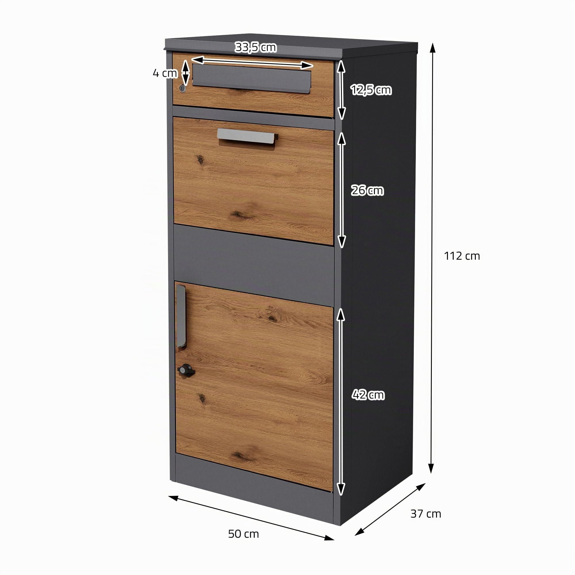 ML-Design Paketbriefkasten aus verzinktem Stahl in Anthrazit-Eiche Optik, 50x112x37 cm, abschließbar, 2 Schlüssel, Standbriefkasten Paketbox Postkasten Paketkasten, für Pakete, Warensendungen, Briefe