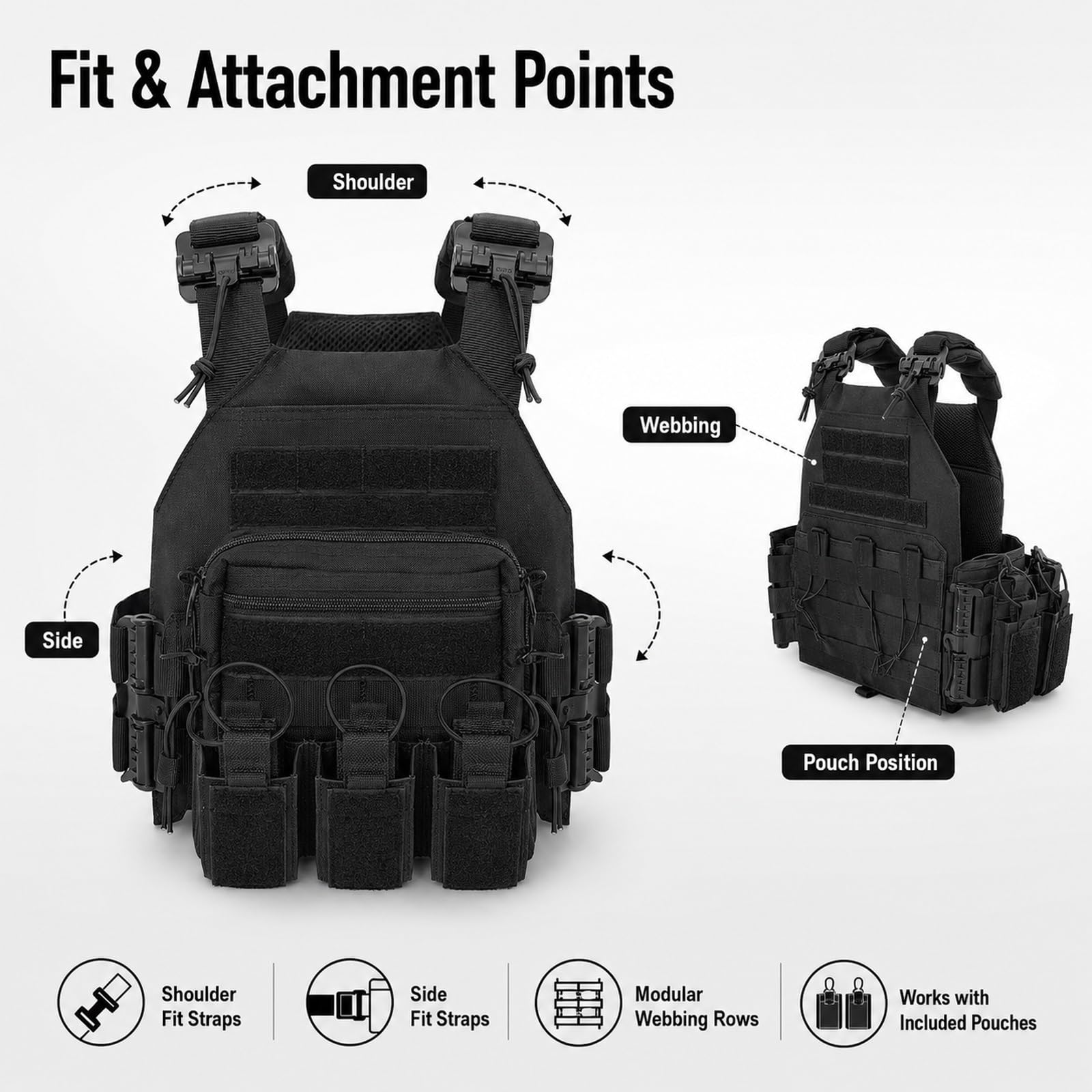 Genérico Arnes de Carga Modular Kit, Chaleco de Pecho Airsoft Ajustable | Incluye Base Bolsa Triple Bolsa Cuadrada Pequena Bolsa Smartphone Bolsa Radio y Bolsa Trasera de Carga Utilidades
