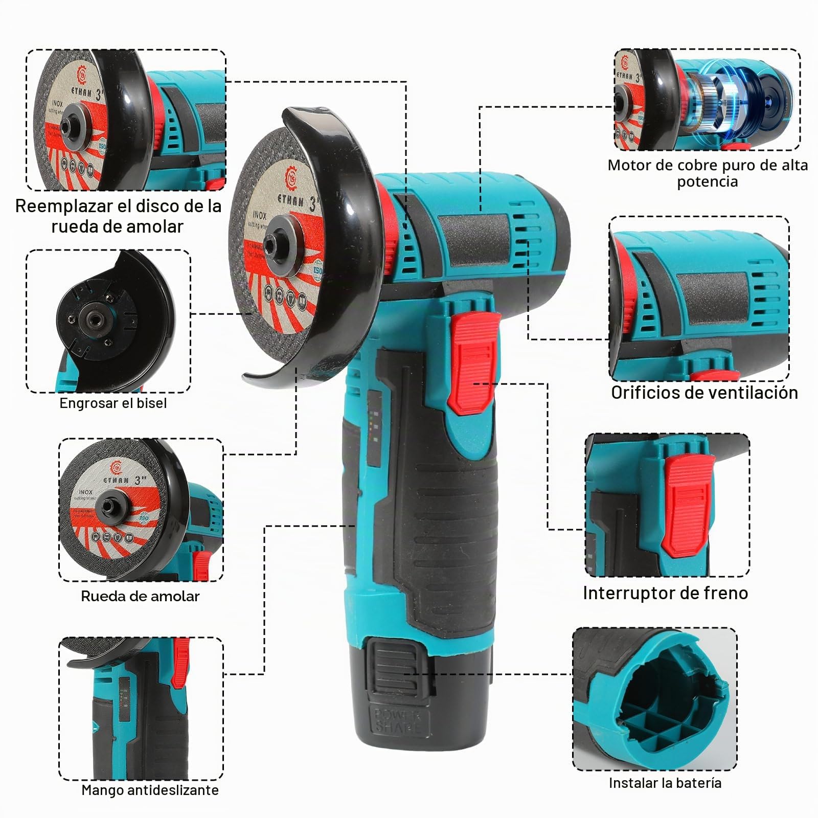 Mini amoladora angular inalámbrica 19.500 RPM,disco 76 mm, 12 V disco inalámbrico con 2 baterías 2000 mAh,17 discos de corte para molienda, pulido, corte (blue)