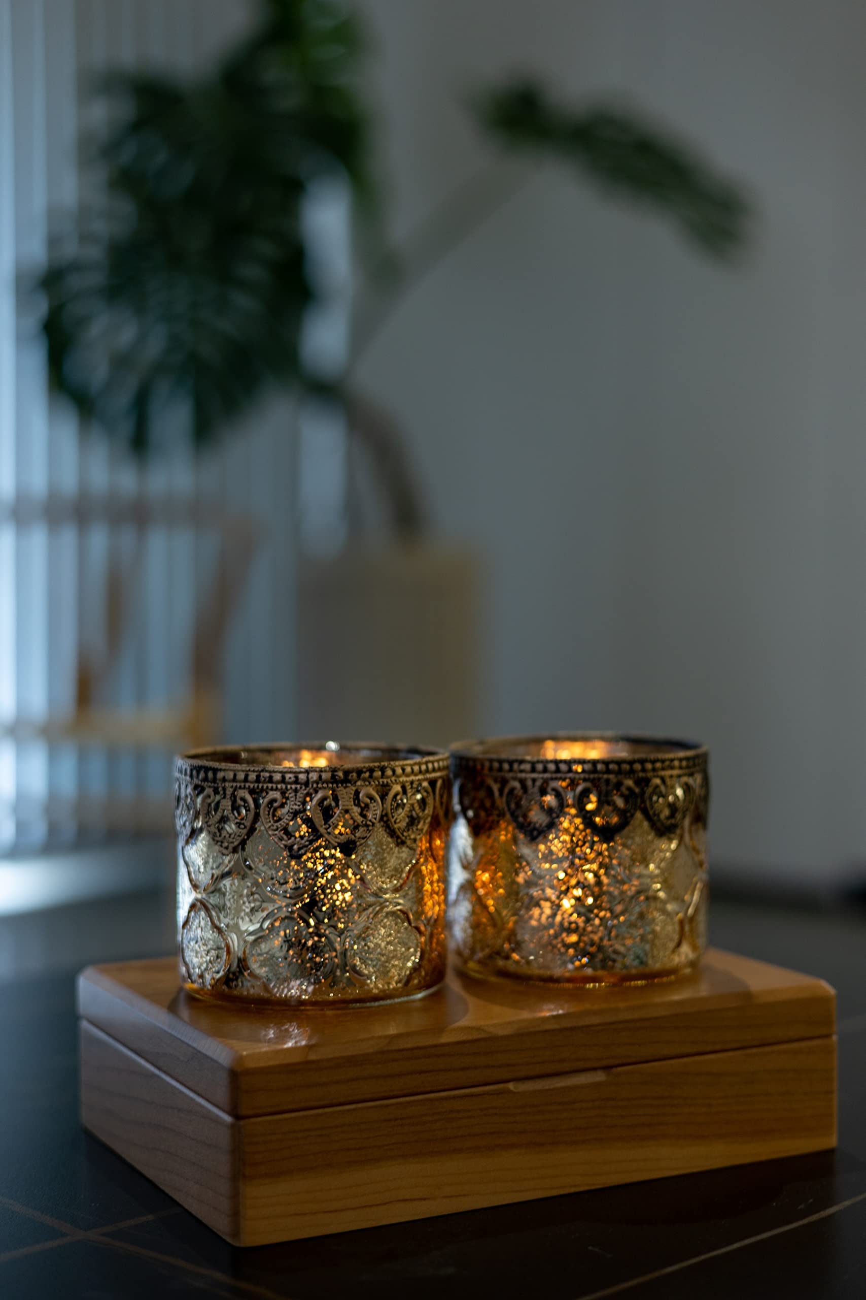 6er-Set Teelichthalter Gold Kerzenhalter Windlicht Glas Kerzengläser Teelichtgläser Weihnachtsdeko Innen Geschenke für Frauen - Zylindrische Form Ø10cm x h9cm