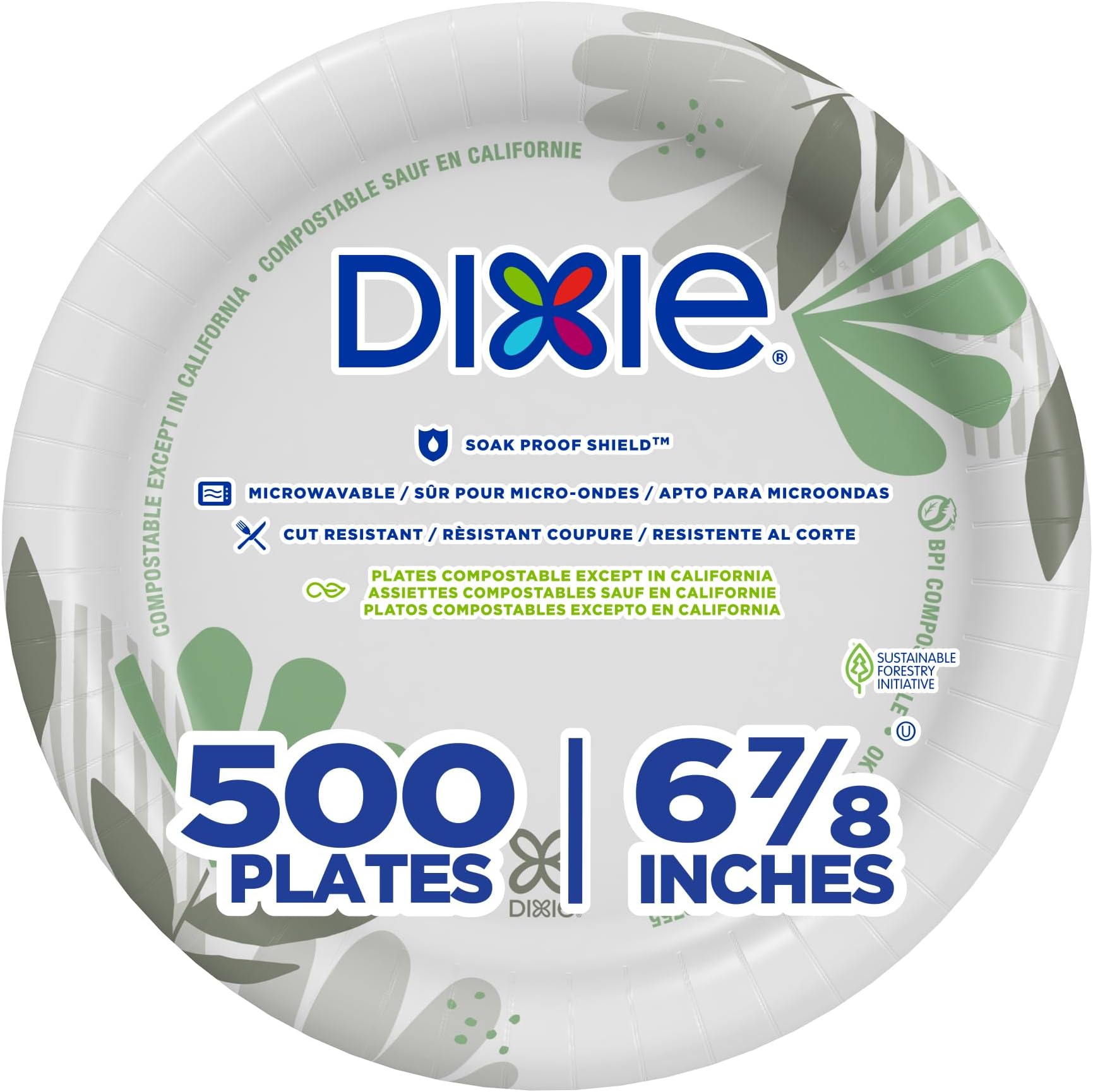 Dixie 6.8 Inch Medium-Weight Paper Plates By GP PRO, Pathways Botanical Design, 500 Count (125 Disposable Plates Per Pack, 4 Packs Per Case), UX7WS