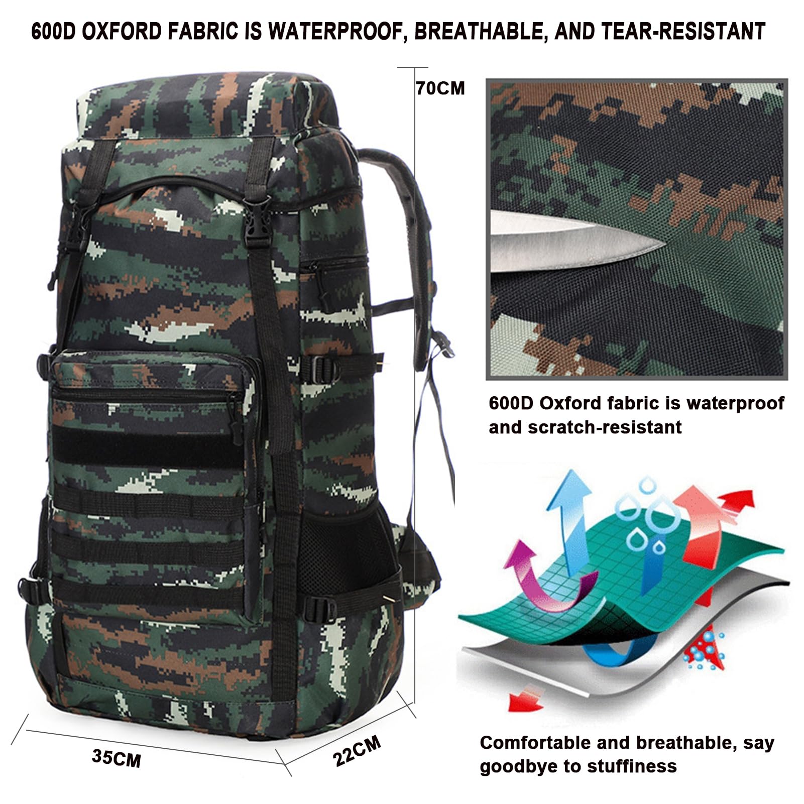 70L Impermeabile Zaino da Trekking, Grand Zaino Tattico Militare, Zaino da Viaggio Sport all'aperto per Arrampicata Campeggio Turismo Caccia alla Pesca Trekking,Ay Camouflage