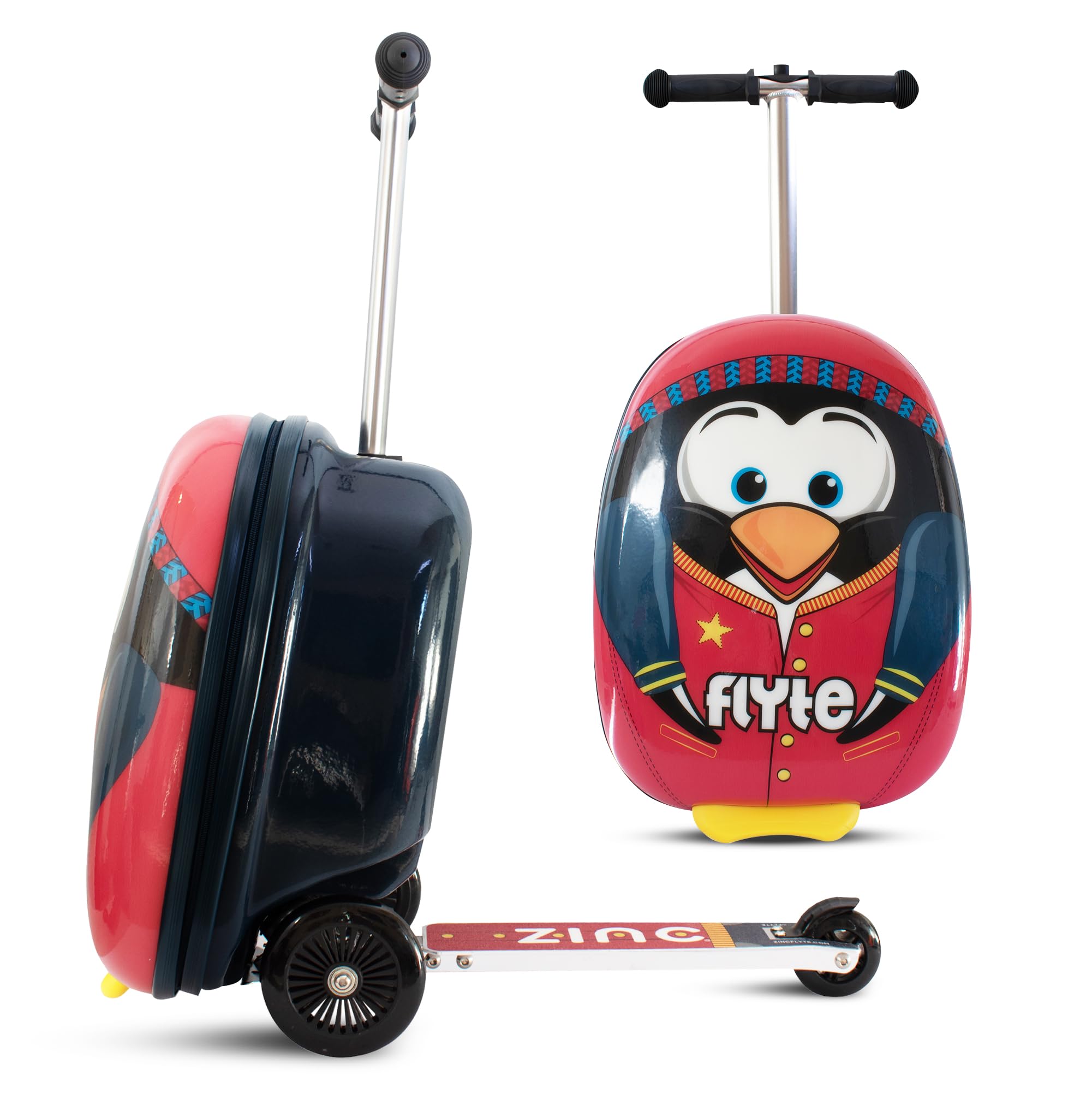Flyte Perry The Penguin Scooter Suitcase - Rideable, Carry on Compliant 2-in-1 Children's Suitcases, 18 inch Ride on Suitcase for Kids, 25 Litre