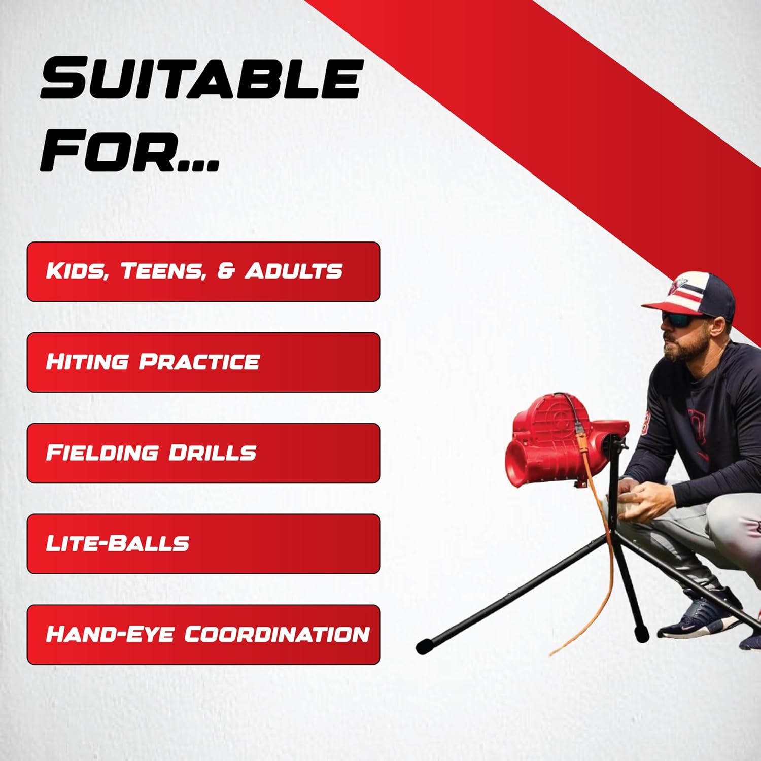 Image showing the Heater PA99 is suitable for Kids, Teens, & Adults, Hitting Practice, Fielding Drills, Lite-Balls, and Hand-Eye Coordination.