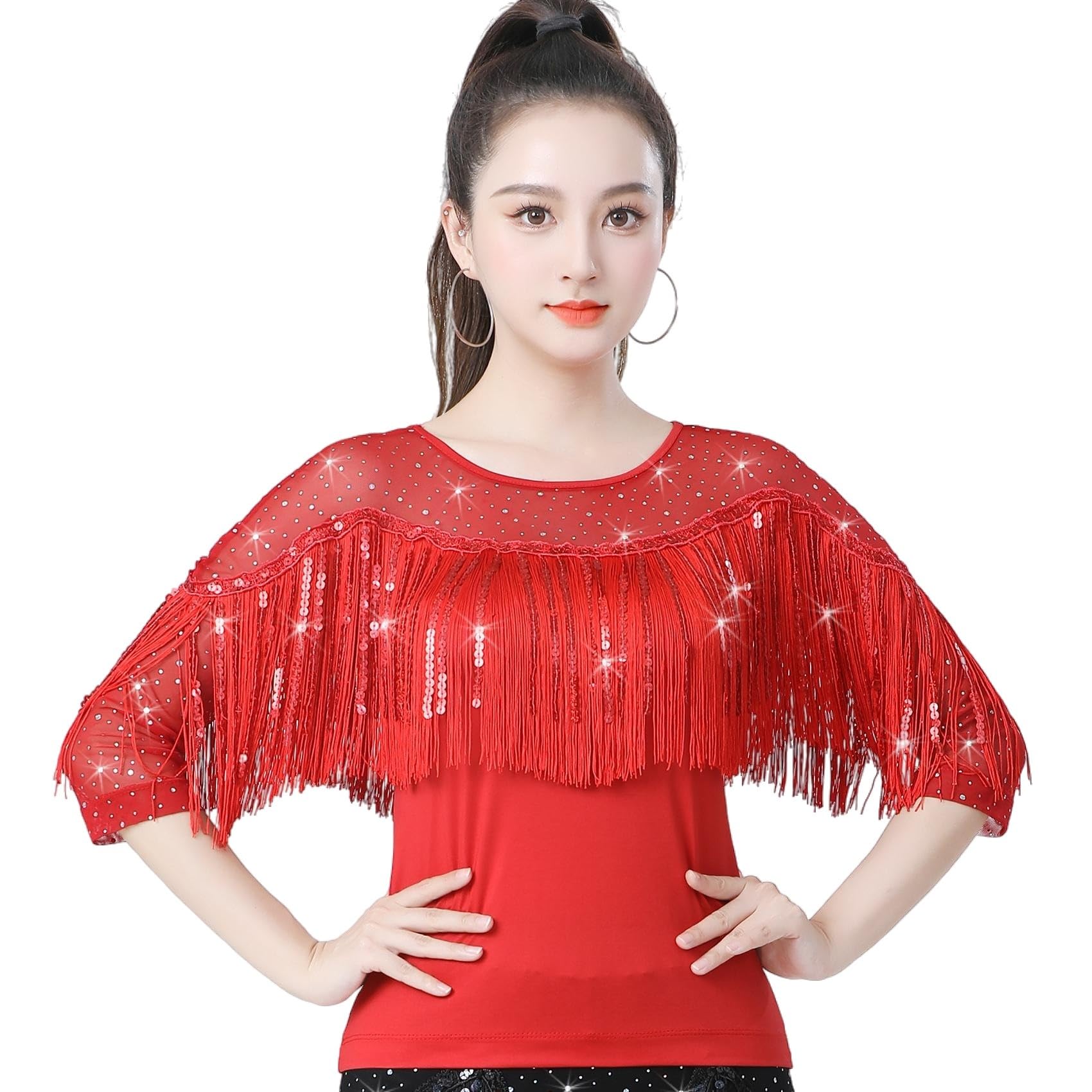 Top da donna per danza latina, danza da sala, abbigliamento da ballo moderno, Jitterbug con paillettes