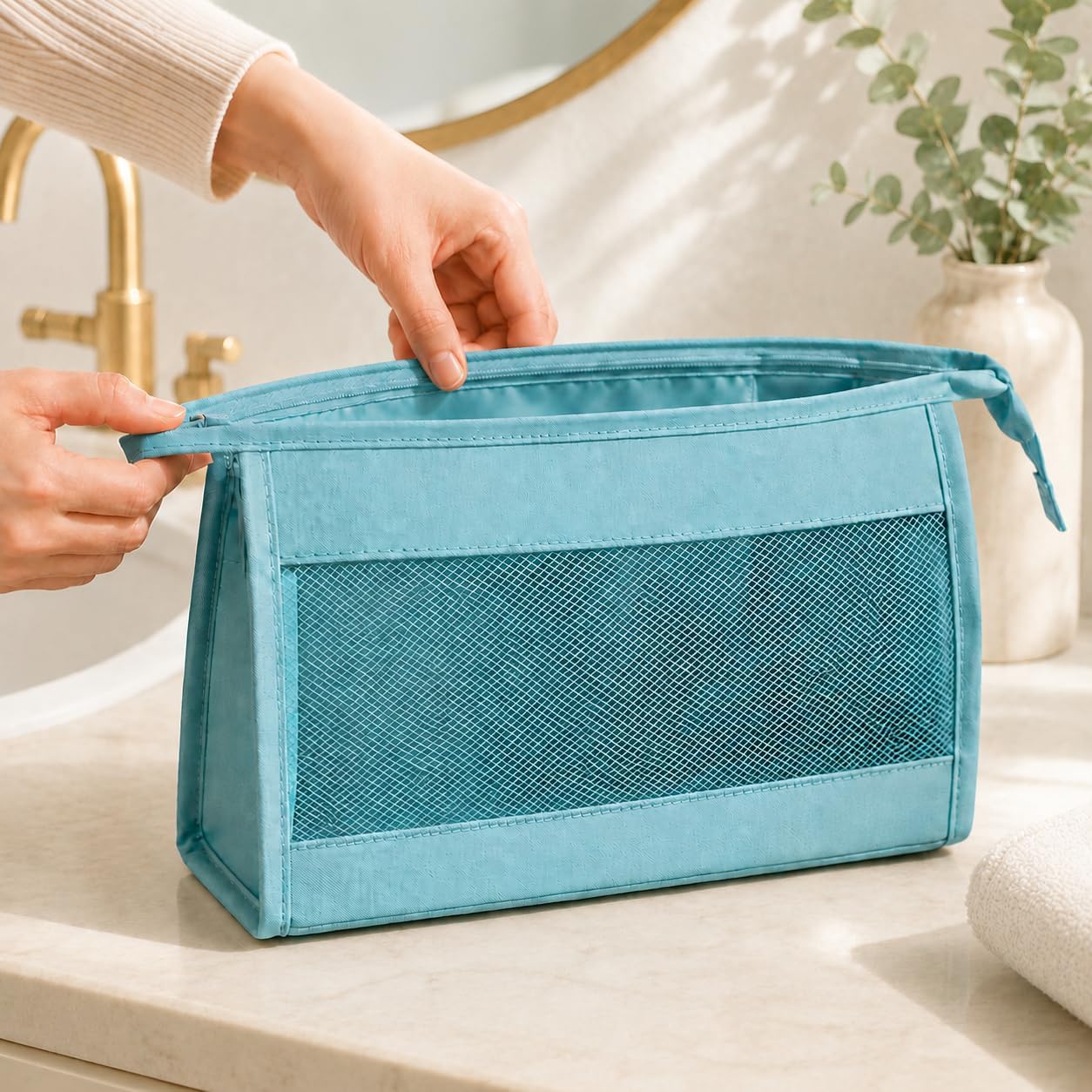 1 Piece Aqua Blue Mesh Makeup Bag, Dual Zipper Travel Toiletry Case