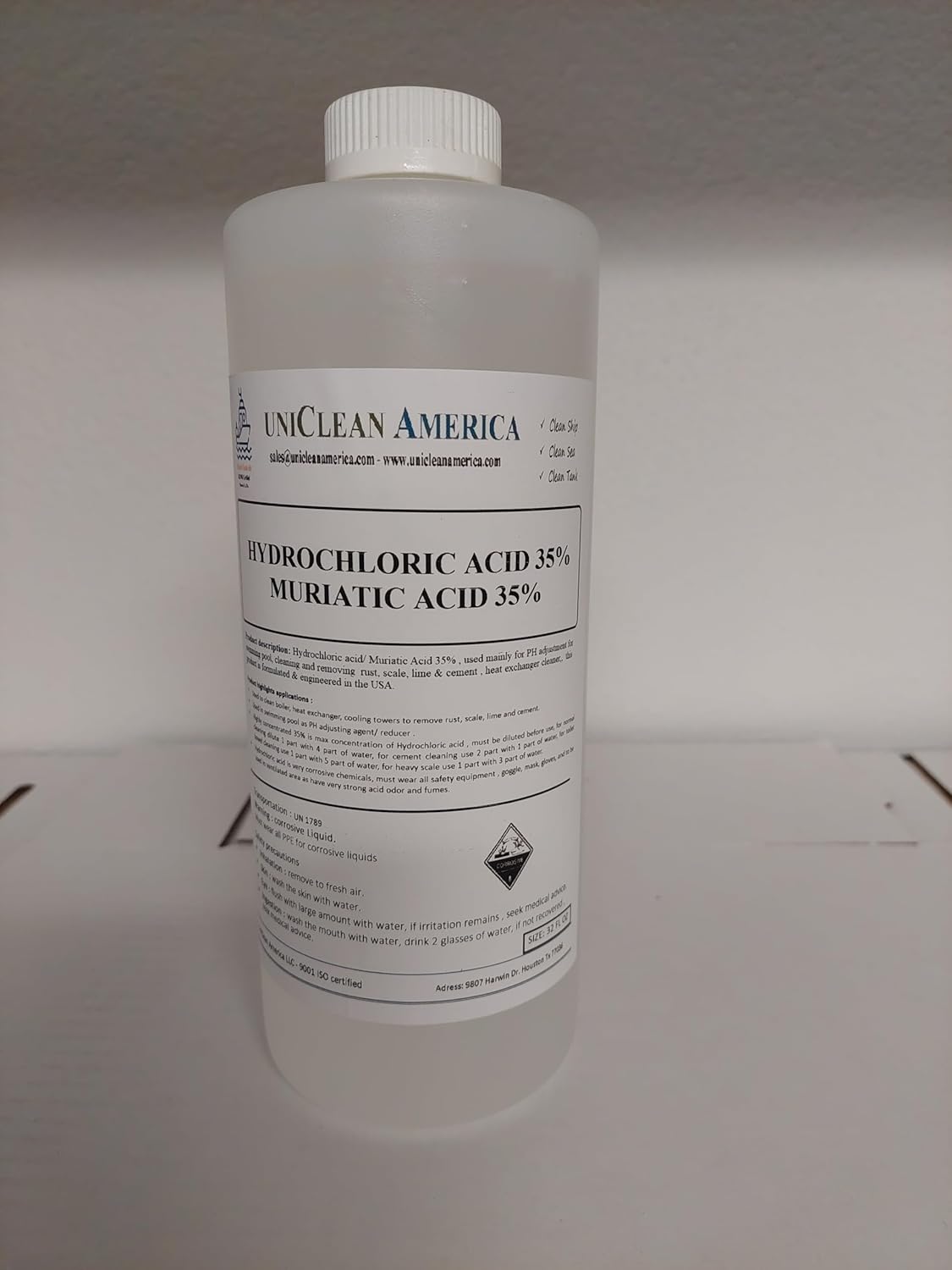 Muriatic Acid (Hydrochloric Acid) 35% High Purity, 4X Concentrate, for Cleaning, Pool pH Control, Metal Cleaning, Made in USA (64 fl oz (2x32))