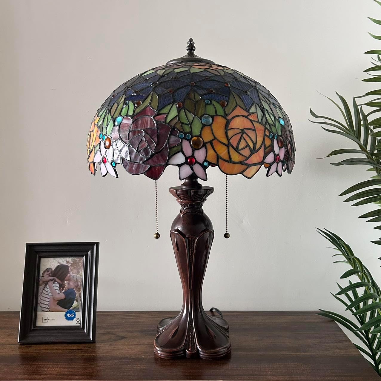 Tiffany Table Lamp Red Orange Blue Stained Glass Rose Flowers LED Bulbs Included for Living Room Bedroom Bedside 16" W*16" D*24" H
