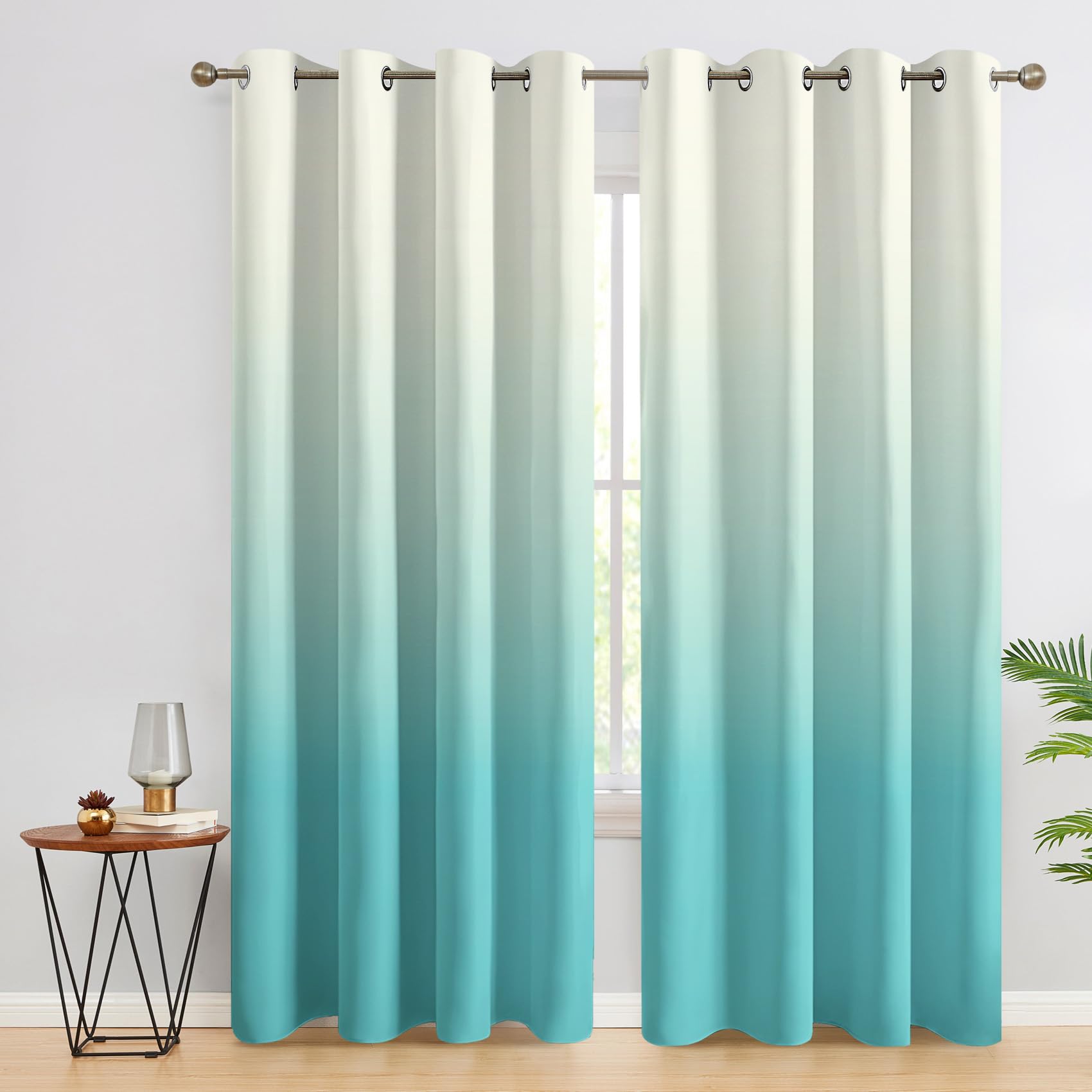 Teal Ombre Curtains for Living Room, Bedroom, Gradient Blackout Curtains 46 x 90, patterned Drapes 90 inch Drop, Thermal Insulated Eyelet Window Treatments, 2 Panels iK42