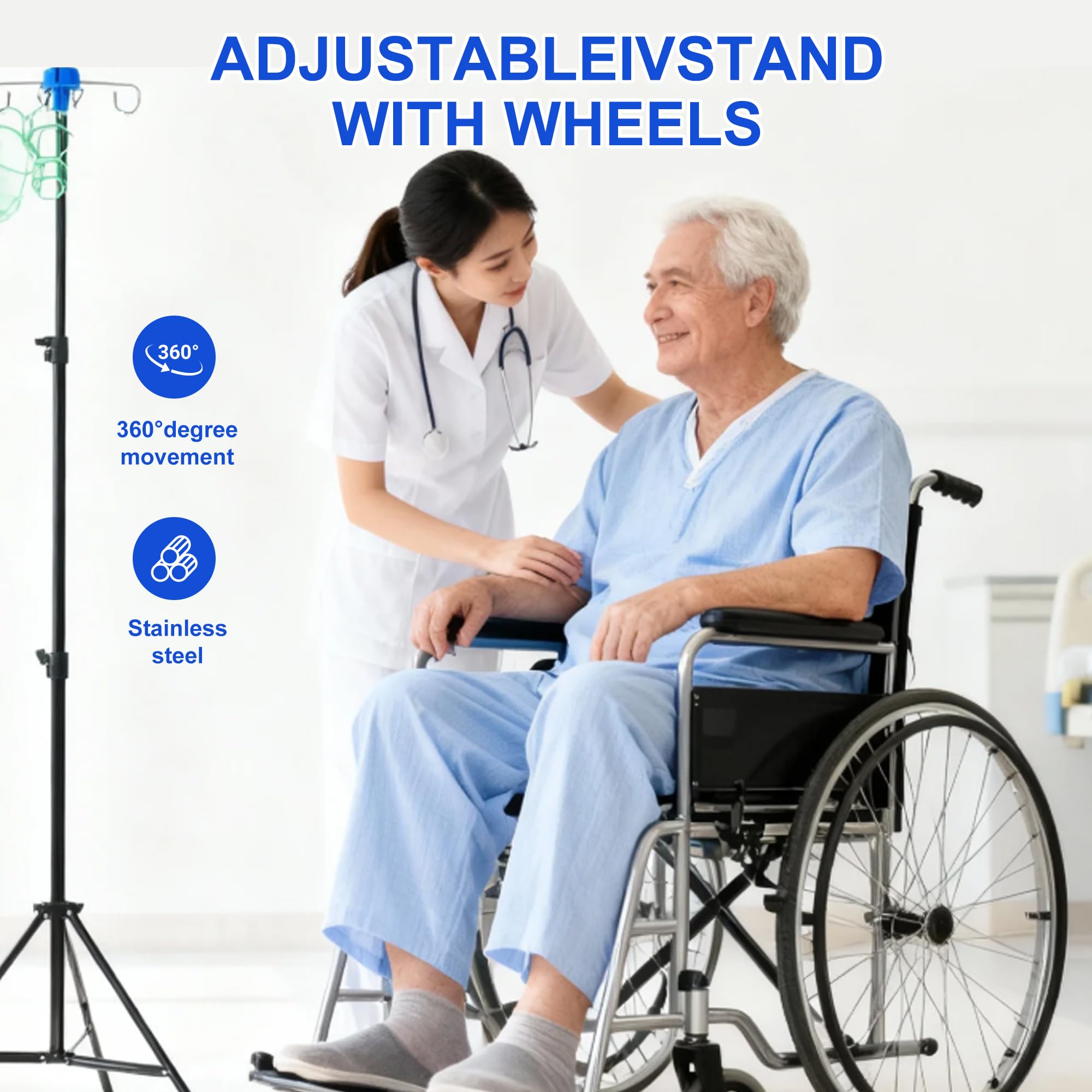 Infusionsständer, zusammenklappbares Infusions-Dreibeinstativ, tragbarer mobiler Infusionsständer 190 cm/75 Zoll, höhenverstellbar mit 4 Haken und 3 Bremsrädern, mobiler Infusionsständer für die häusl