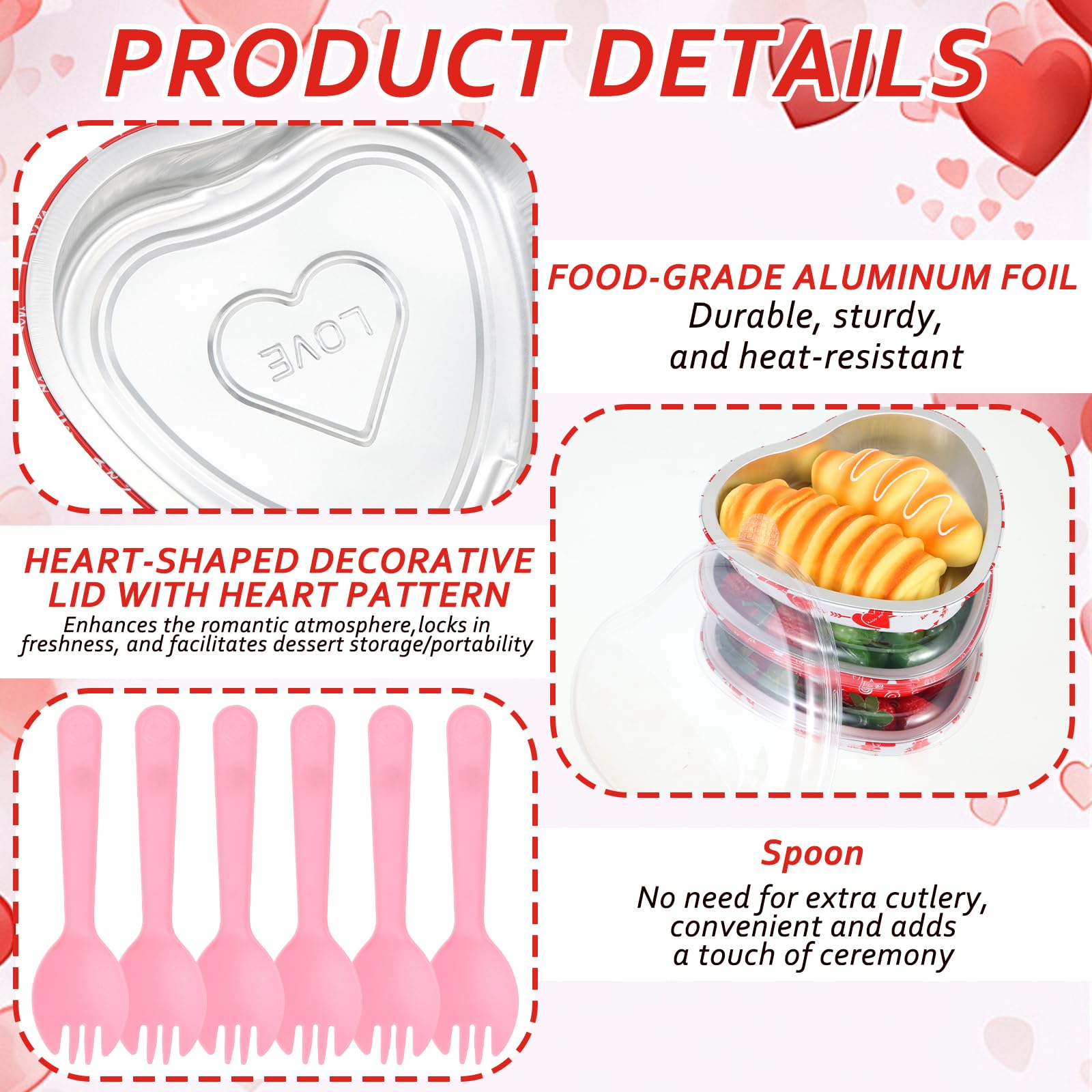 Lot de 24 moules à gâteau en forme de cœur de 623,7 g avec couvercles et fourchette rose - Passe au four - Pour Saint-Valentin, fête de mariage