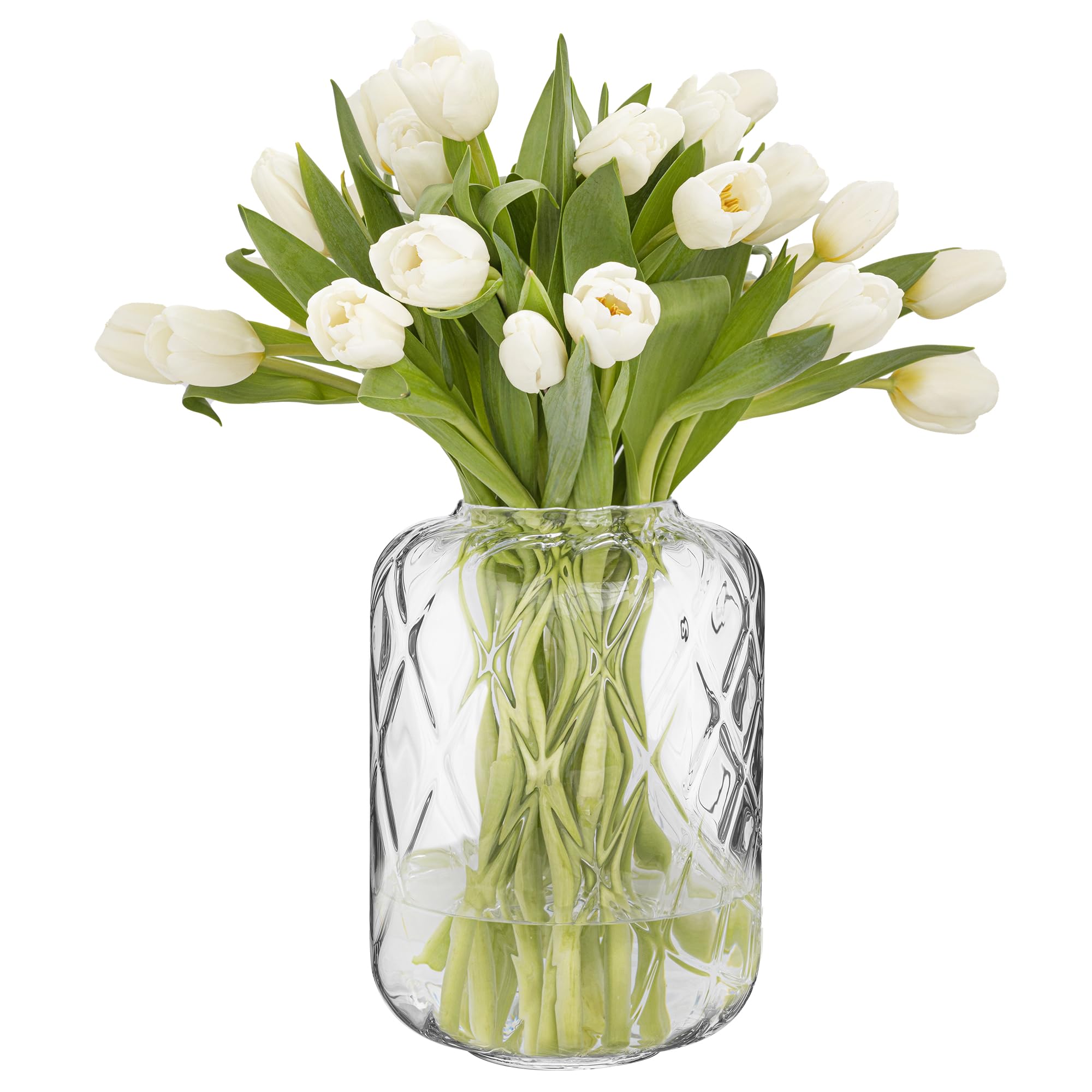 TREND FOR HOMEHandmade Vases for Flowers H: 24 cm Ribbed Glass Wedding Table Centrepiece Transparent Glass Clear Vase Living Room Decor Tulip Vase Bud Vase Pineapple Shape | Ø 17 cm | Daphne