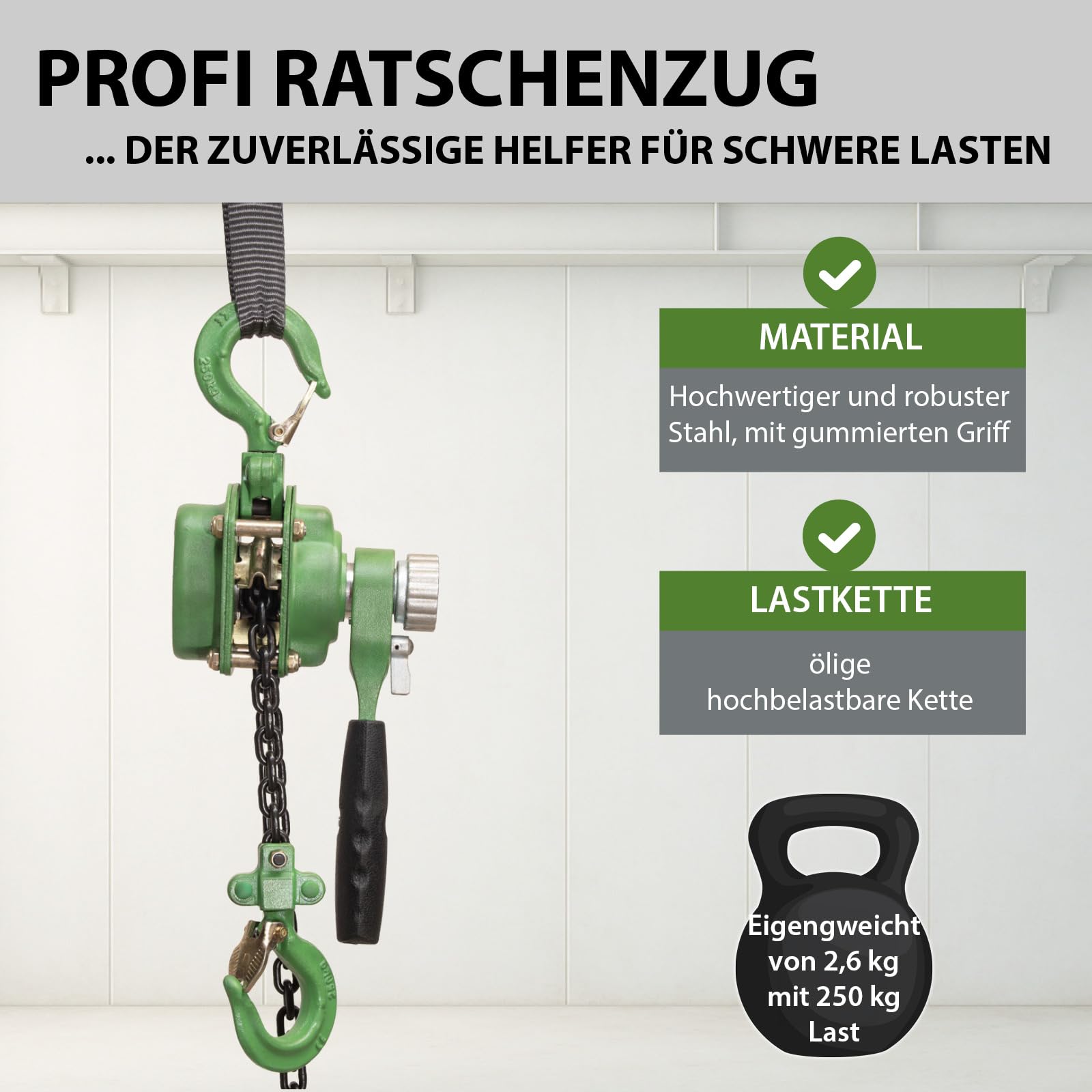 TRUTZHOLM Ratschenzug 250 kg 1,5 m Hubhöhe mit öliger Kette kompakter Hebelkettenzug zum Heben, Ziehen und Spannen für Werkstatt, Montage und Baustelle mit Sicherheitslaschen und Präzisionsratsche