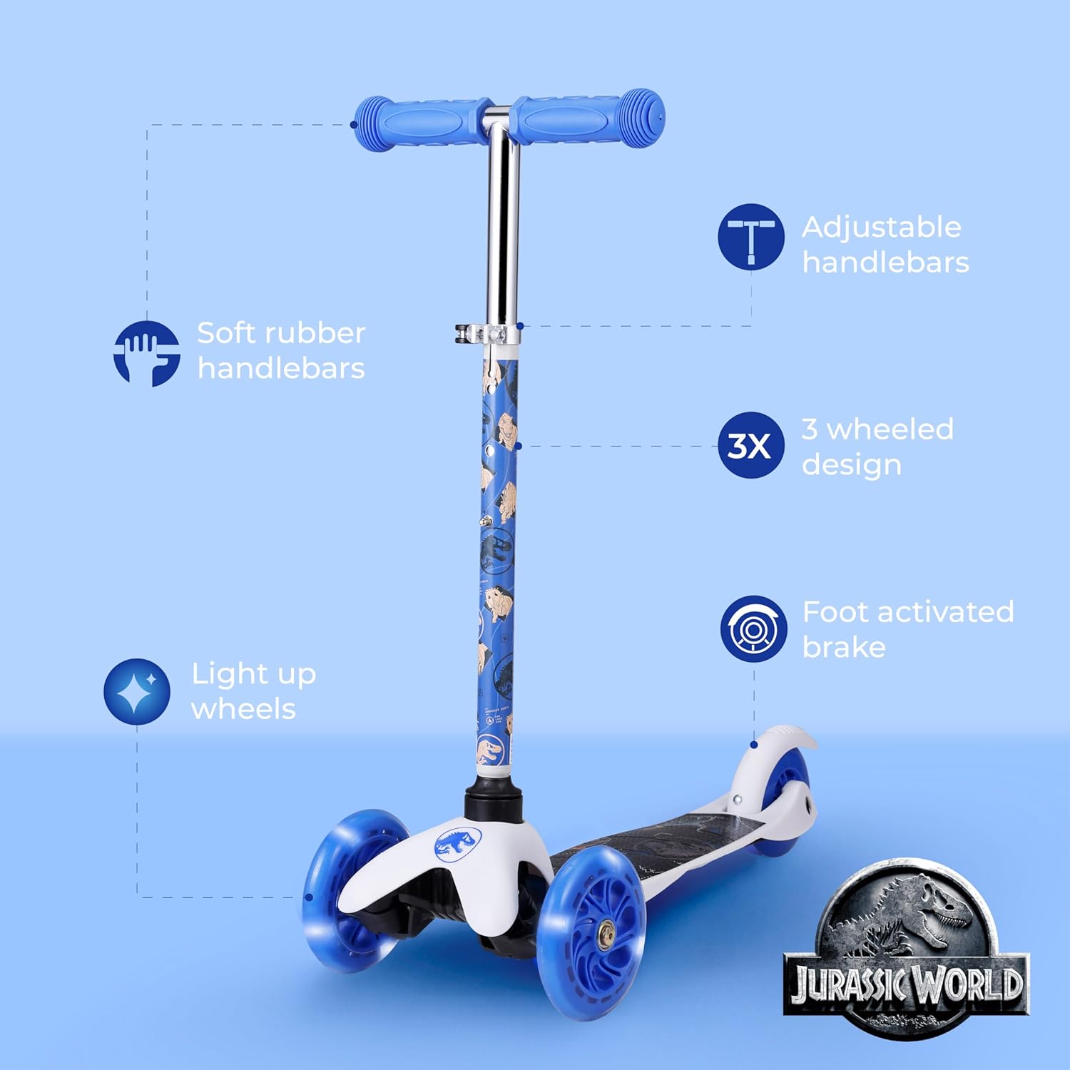 self balancing kick scooter with light up wheels, extra wide deck, 3 wheel platform, foot activated brake, 75 lbs limit, kids & toddlers girls or boys, for ages 3 and up jurassic park