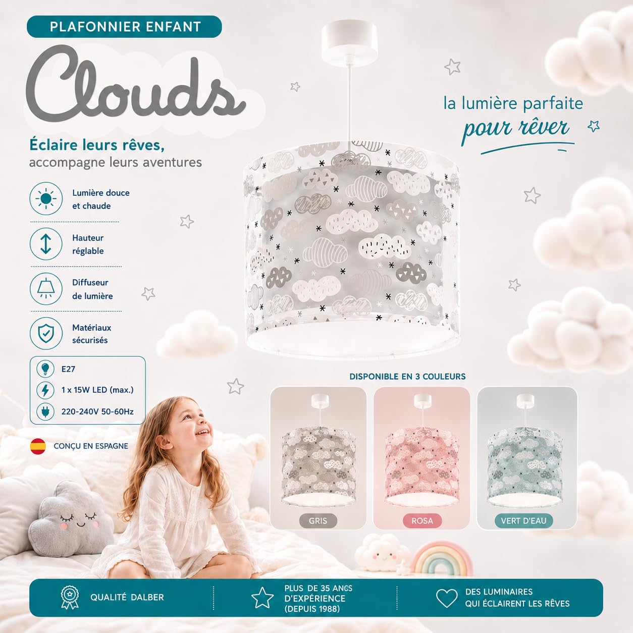 Dalber Lustre Chambre Lampe Suspension Plafonnier Enfants Nuages Rose 33 x 33 x 25 cm E27