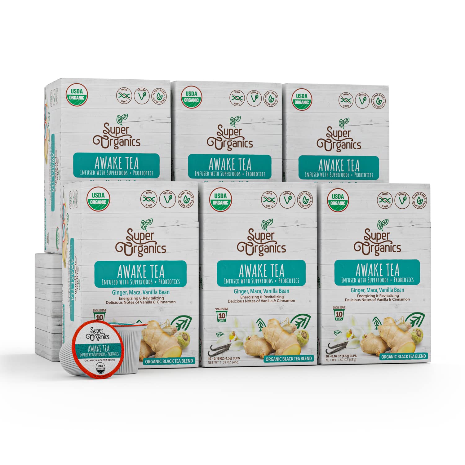 Super Organics Awake Black Tea Pods With Superfoods & Probiotics Keurig K-Cup Compatible Energy, Revitalizing, Refreshing Tea USDA Certified Organic, Vegan, Non-GMO, Natural & Delicious, 60ct
