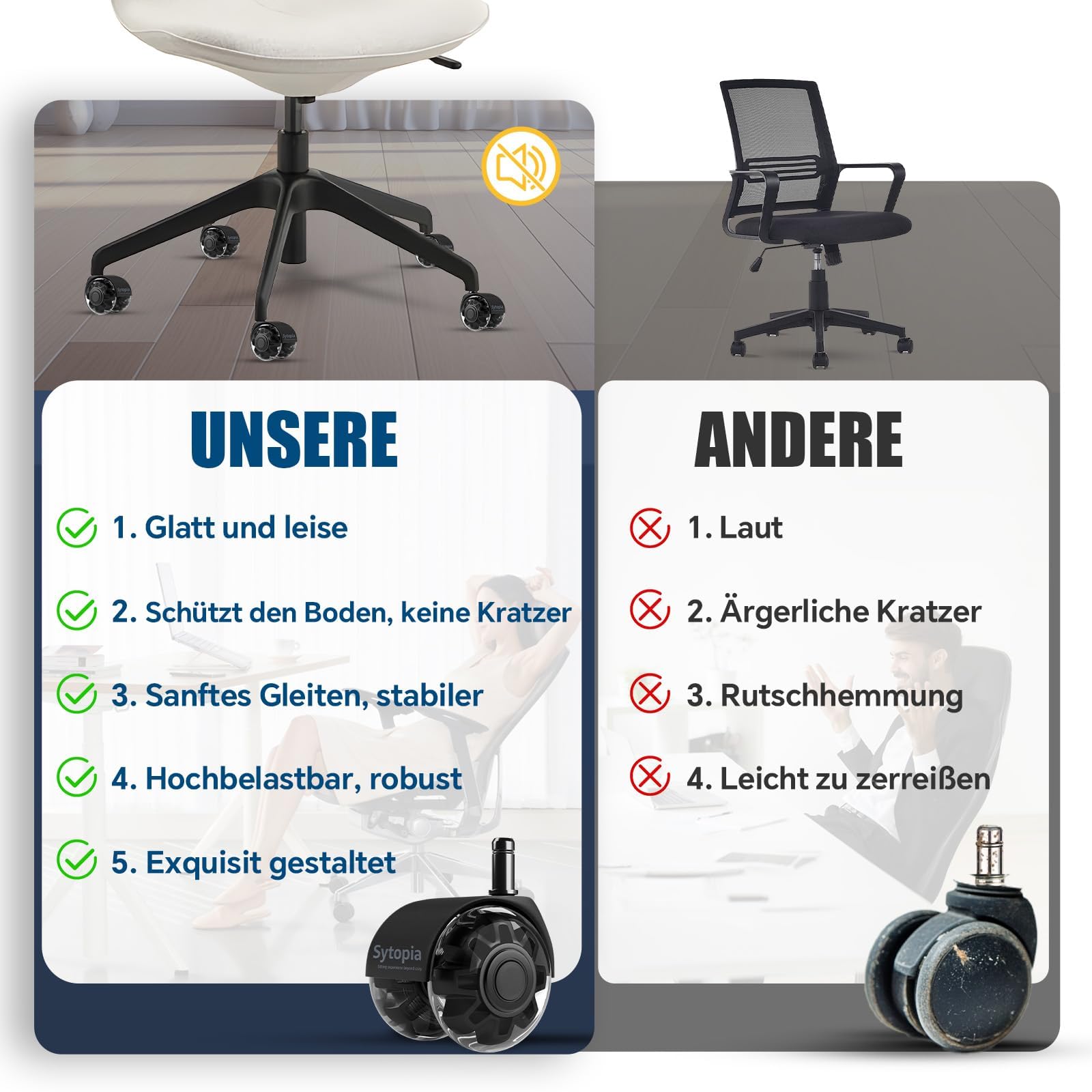 Sytopia Ruedas para silla de oficina con vástago de 10mm x 22mm, juego de 5 ruedas para sillas de oficina IKEA, ruedas para suelo duro para reemplazar ruedas de silla, alfombrilla protectora de suelo