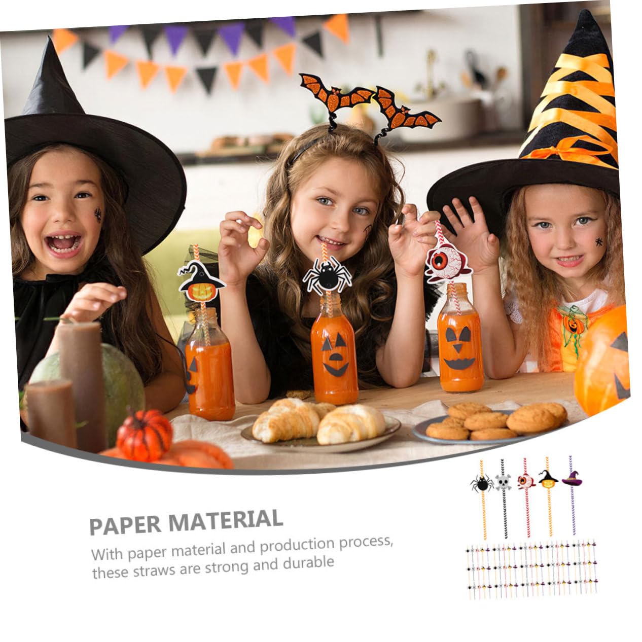 VICASKY 2 Sätze Teiliges Halloween Trinkhalm aus Papier mit Spider Skelett Kürbis Hexenhut Motiven Glatte Sichere Strohhalme für Getränke Cocktails Partydekoration Geeignet für Bars