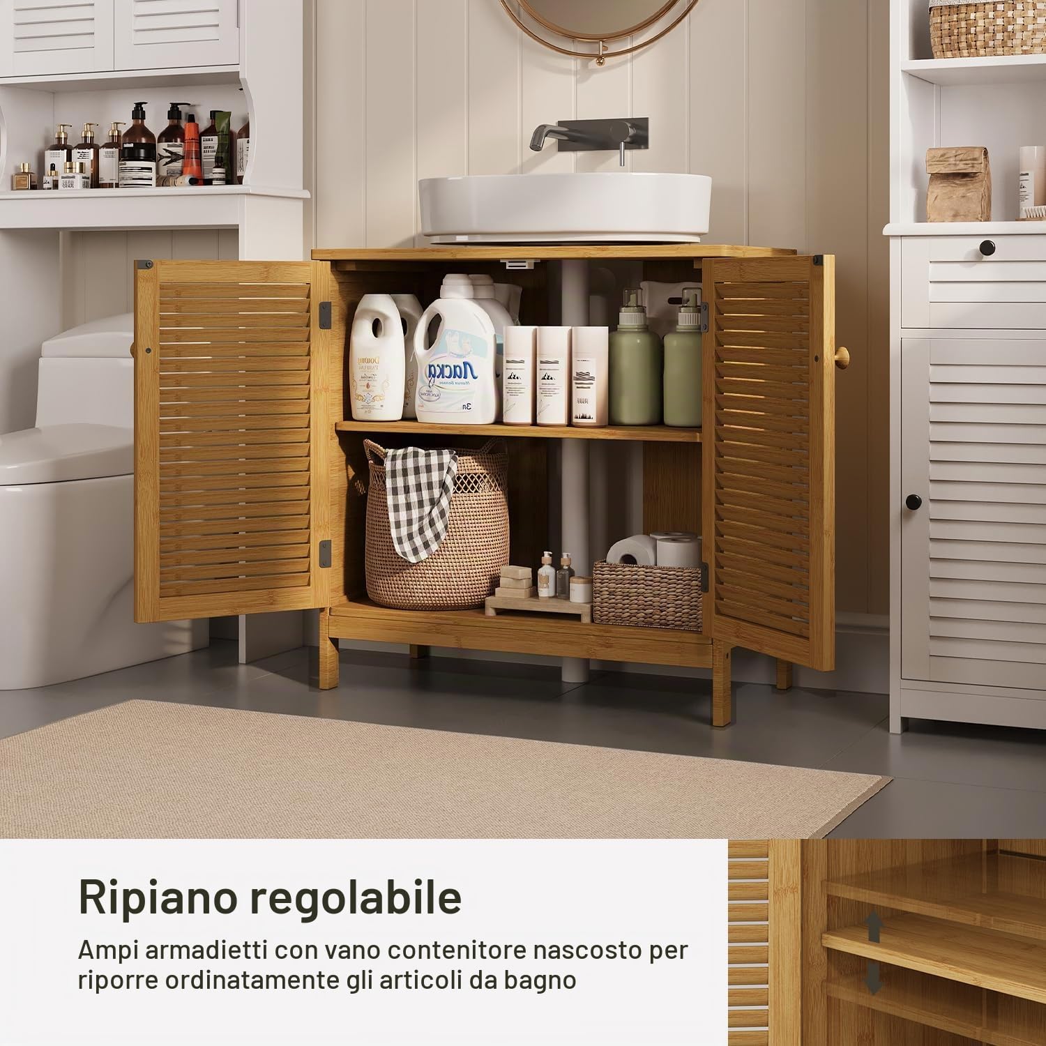 Xbro Mobile sottolavabo con 2 ante lamellari, ripiano regolabile, mobili da bagno per bagno, 60 x 30 x 60 cm,Colore legno di bambù