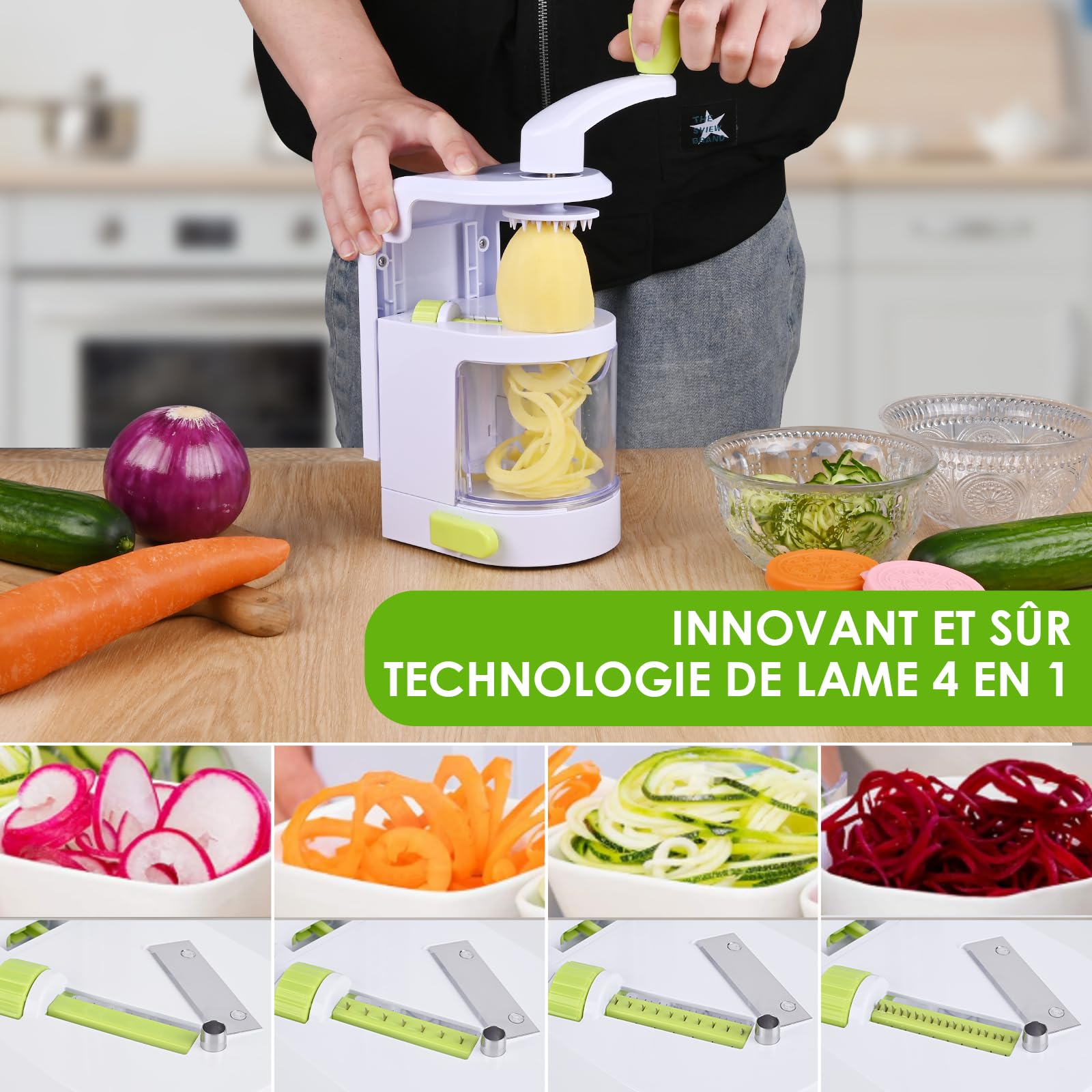 Gaethra Spiraliseur de légumes 4 en 1 pour nouilles de courgettes avec récipient de récolte, sans BPA, coupe-légumes pour carottes, concombres, citrouilles, courgettes, oignons