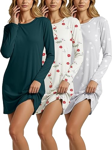 Real Essentials 3 Pack Camisa de noche ultrasuave para mujer de manga larga, camisón para dormir (disponible en tallas grandes)