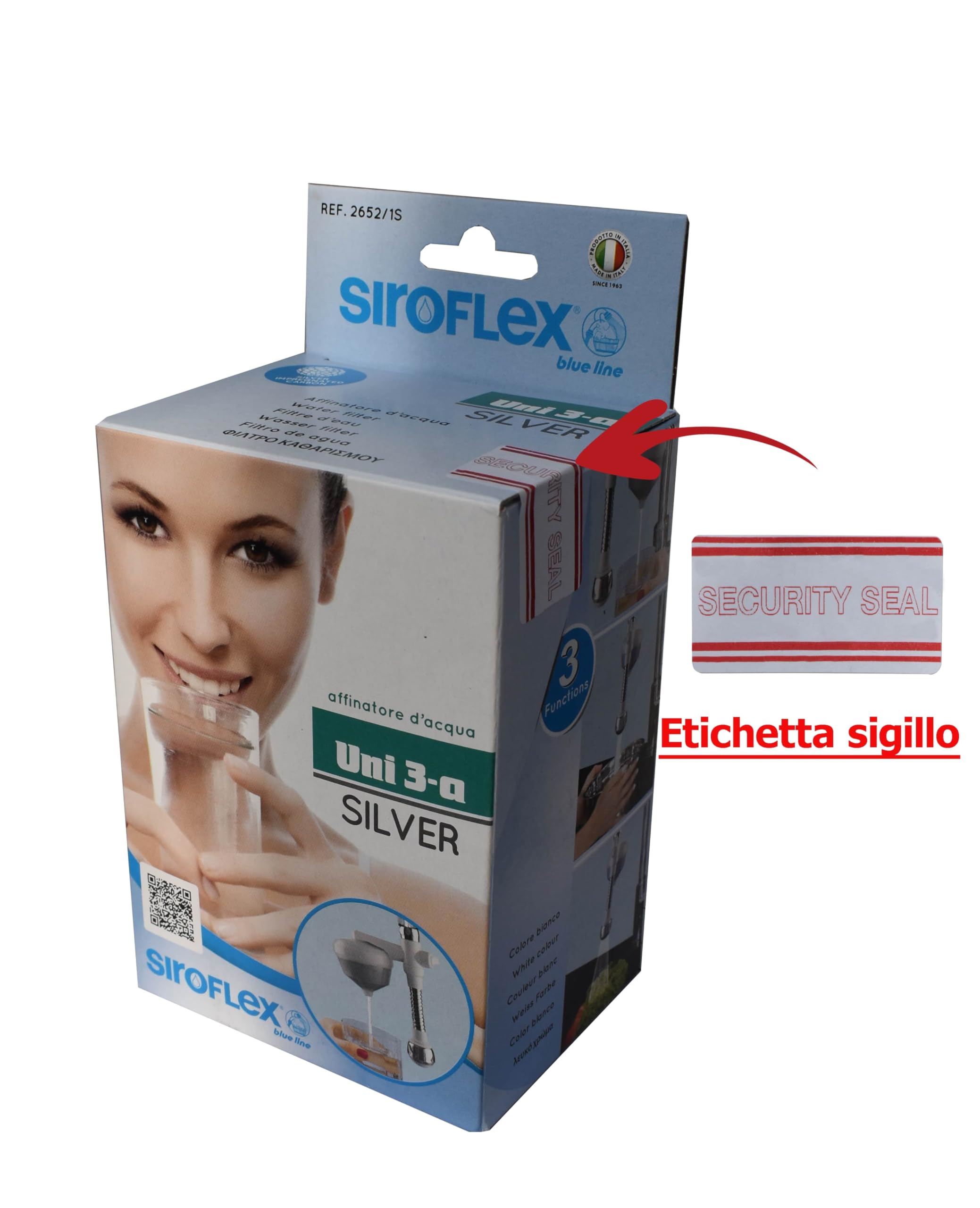 Siroflex 2652/1S Silver UNI 3-A Depuratore Acqua Domestico Made in Italy Con Cannuccia Flessibile Aeratore Doccetta Sirius | Depuratore Acqua Rubinetto | Filtro Acqua Rubinetto Depuratore
