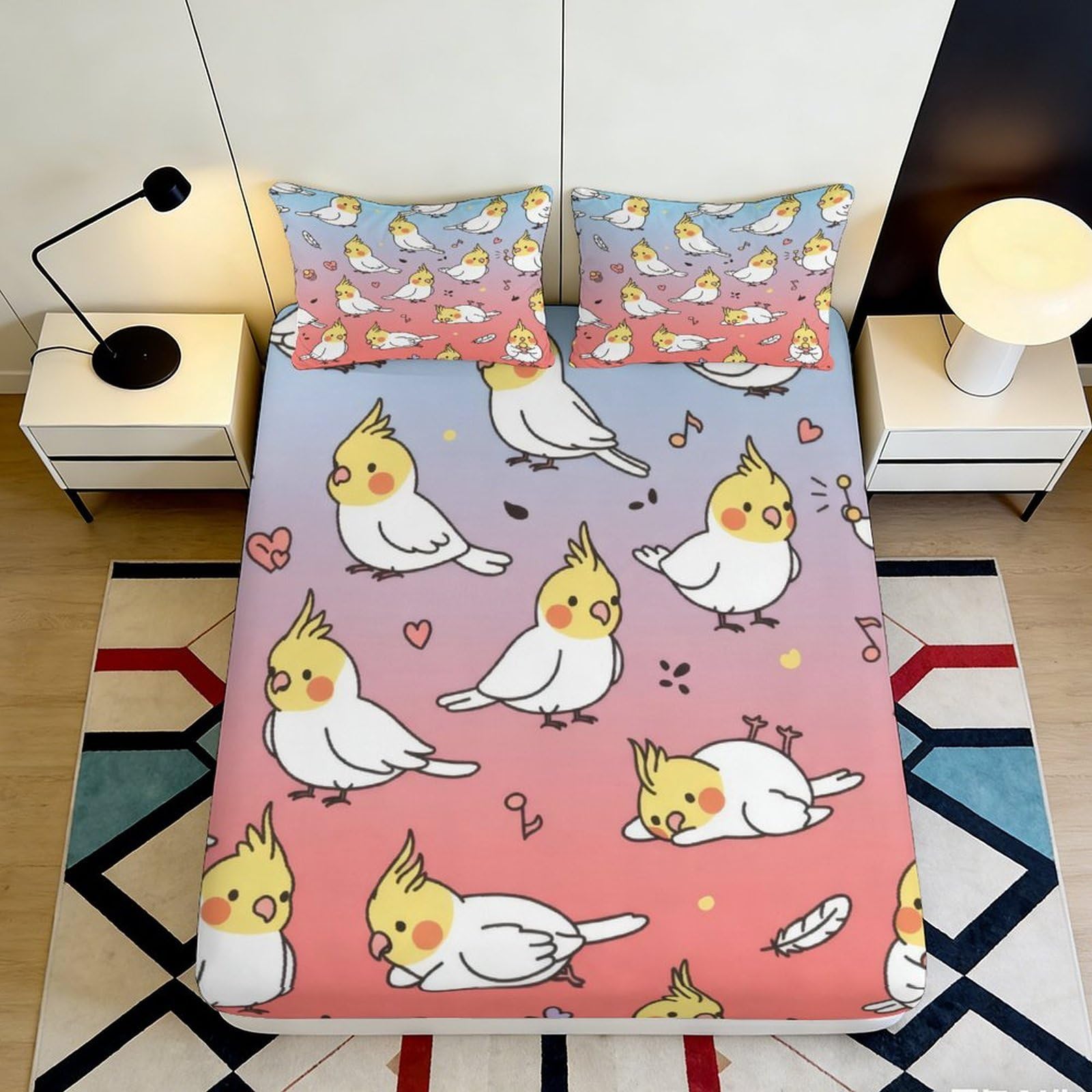 Pnayamiorkfel Style-6 3D Printed Cockatiel Cartoon Fitted Sheet Microfiber Pastel Parrot Bed Cover For Bedroom Dorm Decoration 90X200x25cm