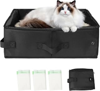 SZEE Reise Katzenklo mit 3 Stück Beutel, Faltbare Katzentoilette Tragbare für Kleine Katzen bis 5 kg, Travel Cat Litter Box, Portable Katzenklo mit Deckel für Reisen Freien, Camping, Schwarz
