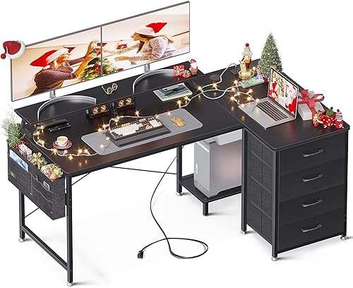 Miniatura 1 de KKL Escritorio para computadora en forma de L de 55 pulgadas con puerto de carga USB y toma de corriente, escritorio esquinero en forma de L con