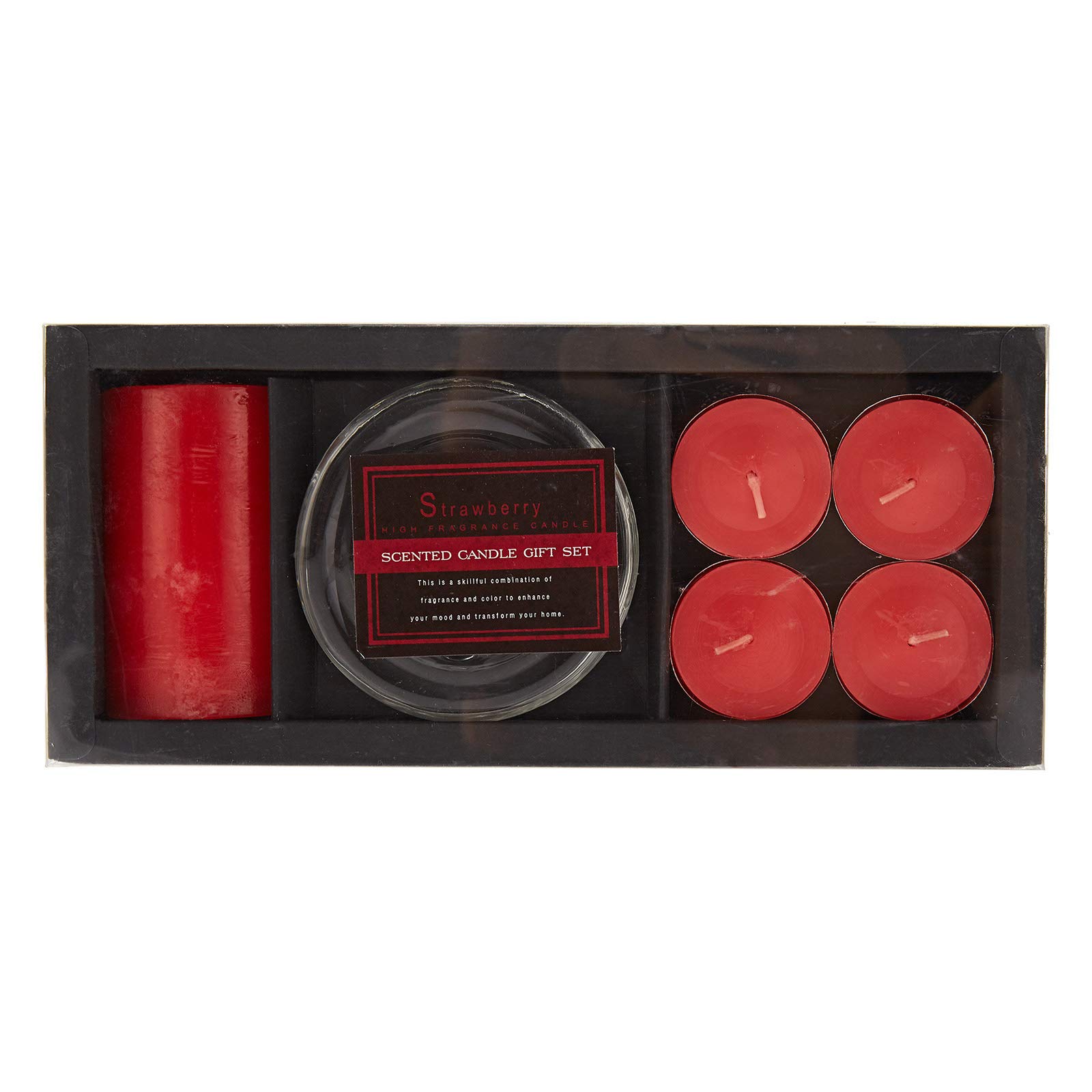 Harmony Machine Made Tealight with Pillar and Glass Plate Candle Gift Set, Red