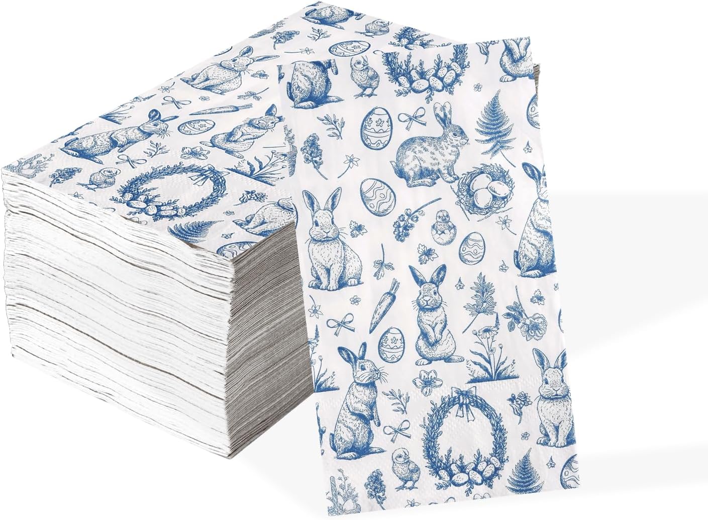 100 Pcs Bunny Rabbit Paper Napkins 3 Ply Retro Blue Egg Flower Disposable Absorbent Hand Towels Chinoiserie Bunny Blue White Easter Guest Napkins for Spring Birthday, Baby Shower Supplies