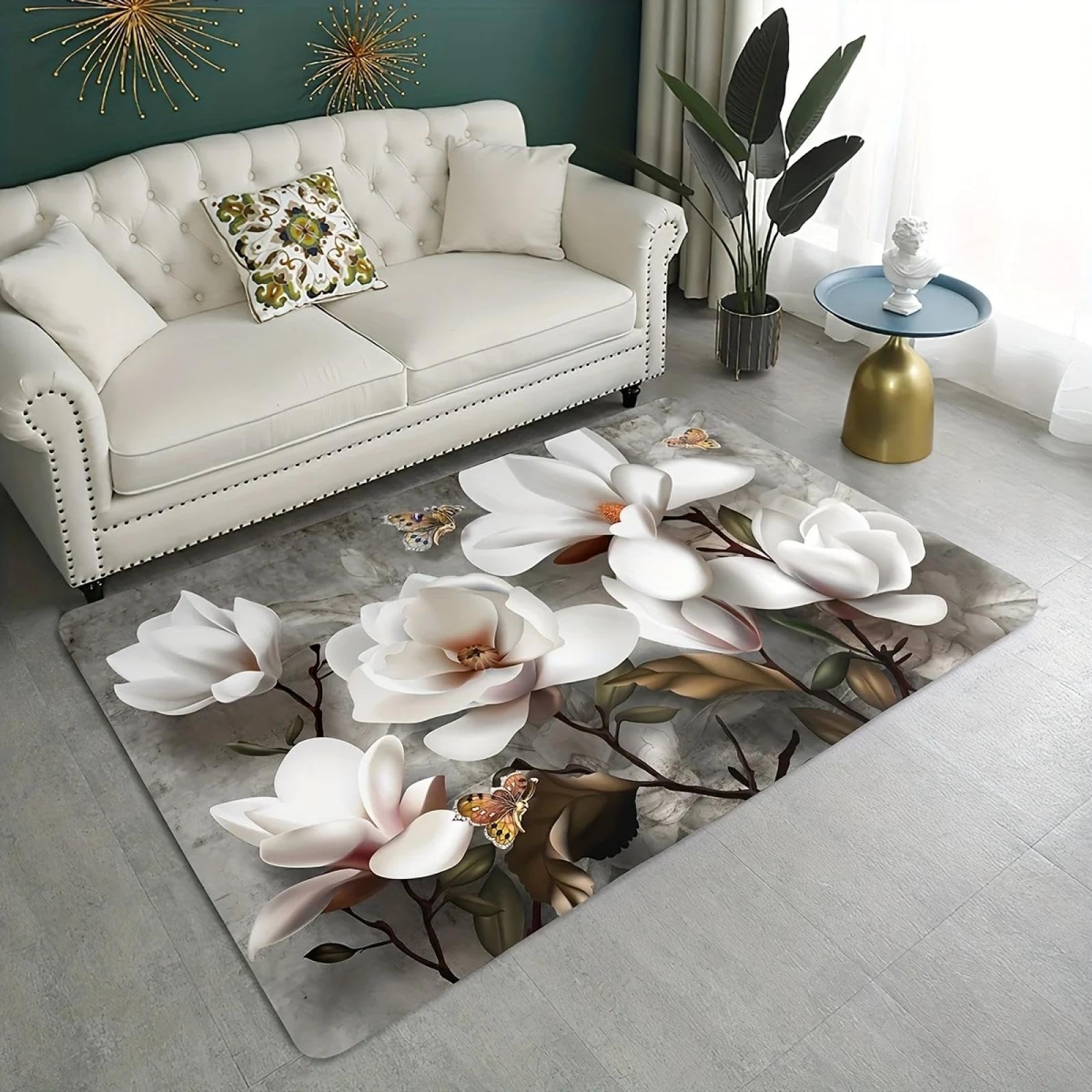 Alfombra lavable para sala de estar con flores vintage y base antideslizante