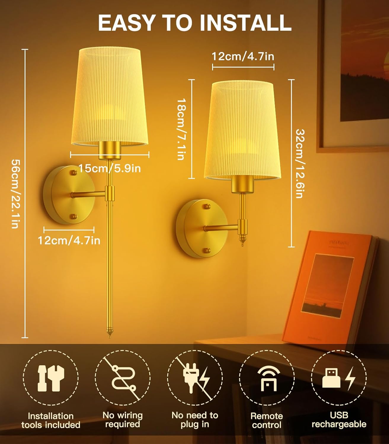 Wireless Rechargeable Wall Sconces Set of Two,10000mah & 500 Lumens Battery Operated Wall Sconce,22in Gold Wall Lights with RGB Magnetic Bulb and Remote,Sconces Wall Decor for Bedroom Living Room Home