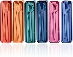 Tneene 6 Sets Wheat Straw Cutlery,Portable Travel Utensils Spoon Fork Knife Chopsticks Tableware Set, Reusable Flatware Set with Case for Lunch Boxes Workplace Camping School Picnic or Daily Use